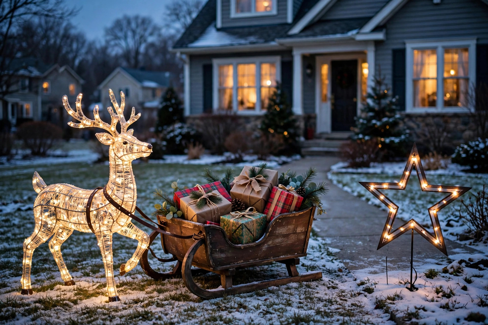 Best Christmas yard art for outdoor display with glowing reindeer and sleigh