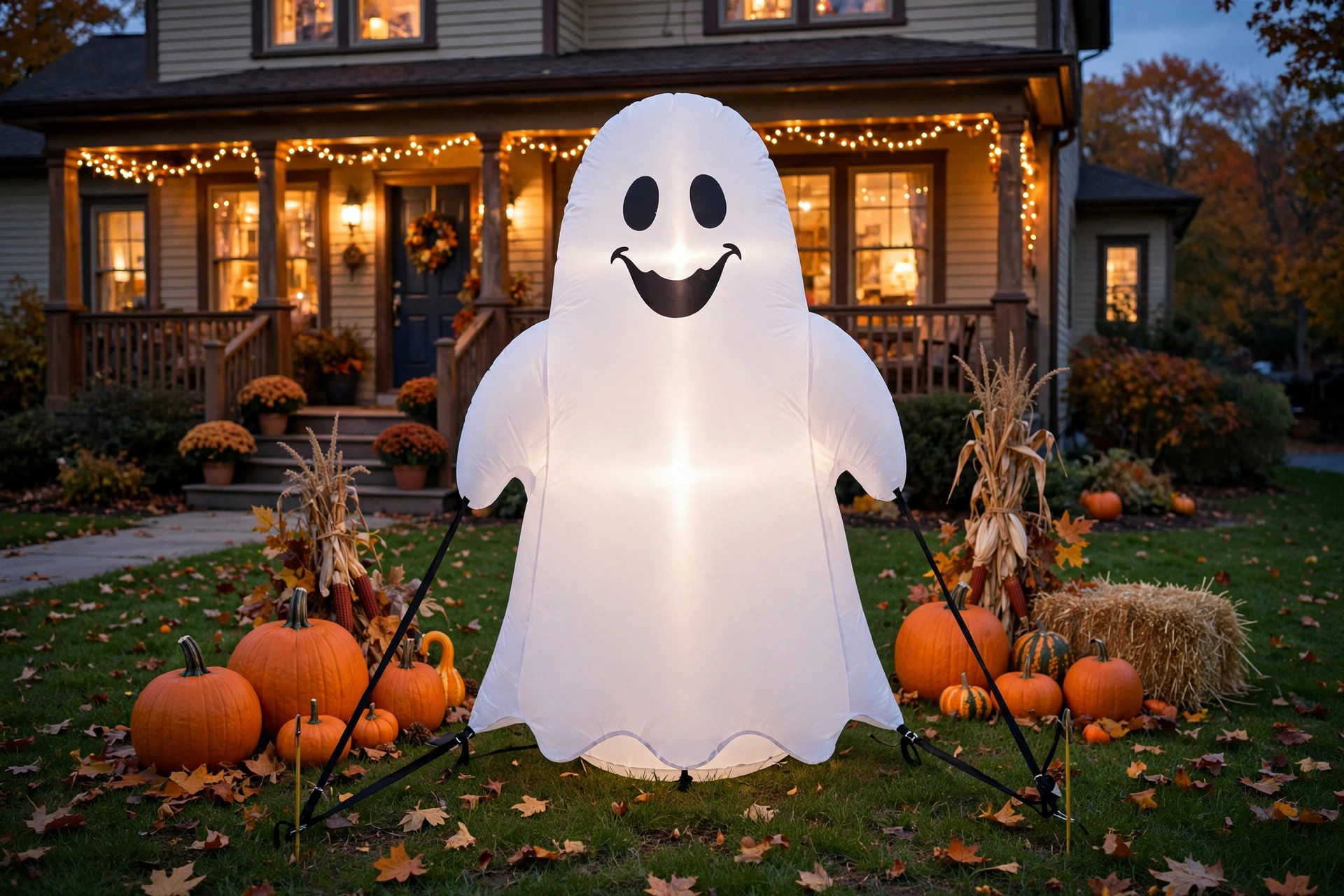 A halloween inflatable ghost for front yard decor glowing on a lawn at dusk