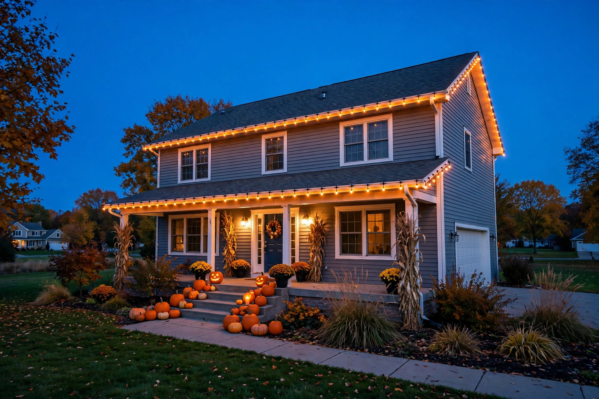 best halloween lights orange for house exterior: Orange Halloween string lights glowing along the eaves of an American house at dusk