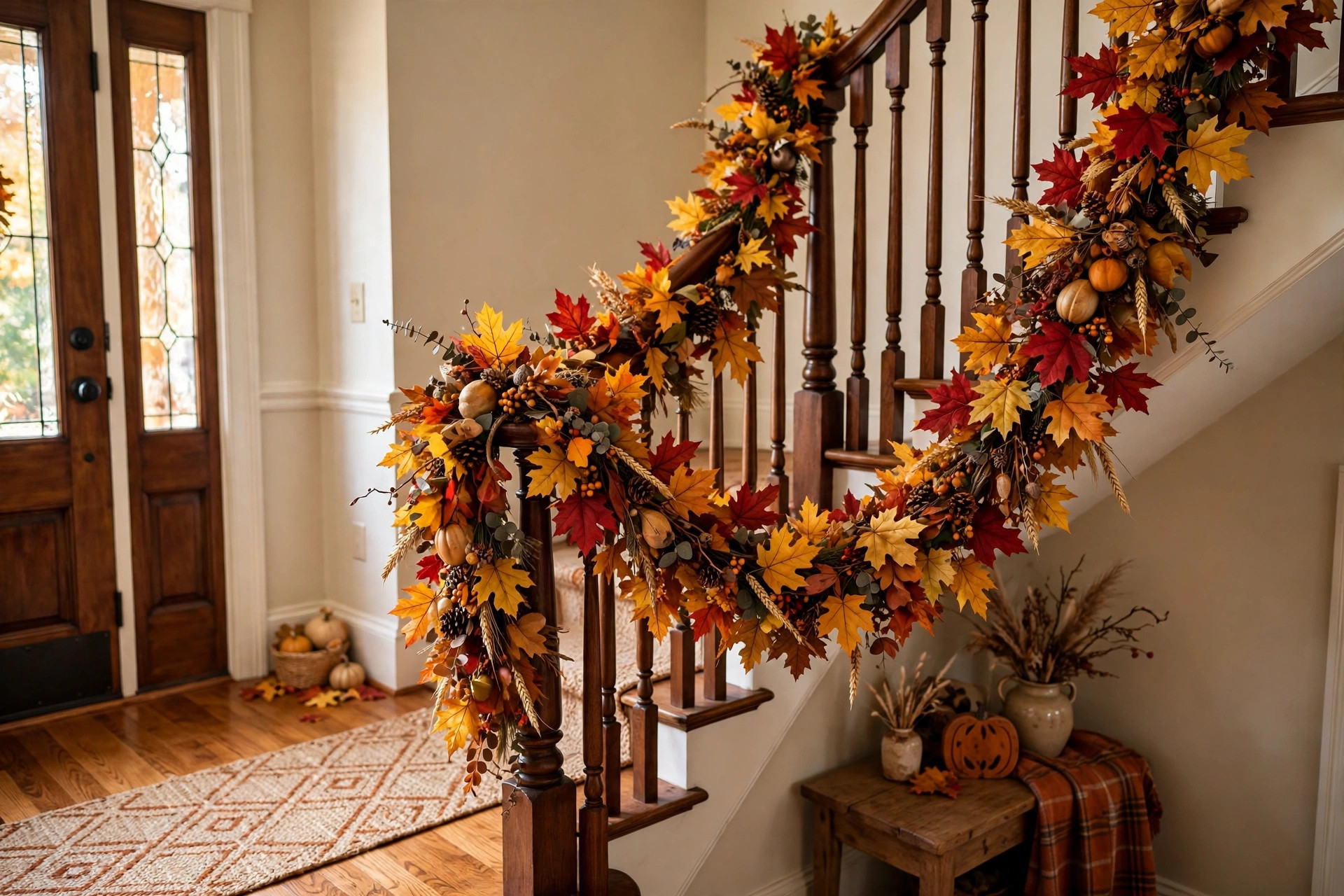 Thanksgiving garland for stairs with fall leaves draped along a wooden banister