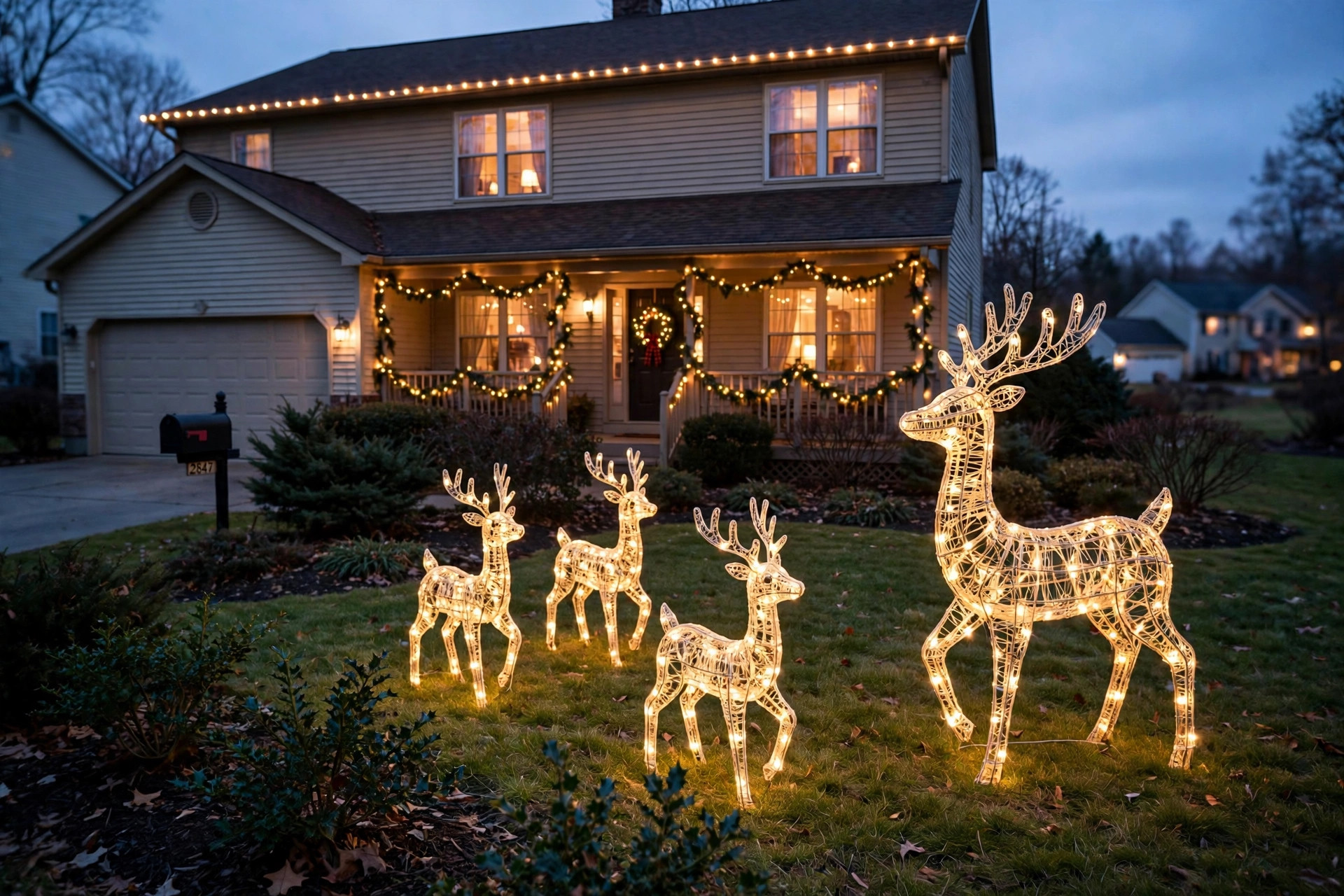 christmas reindeer decorations for yard lighted usa: Lighted Christmas reindeer decorations in a front yard at dusk