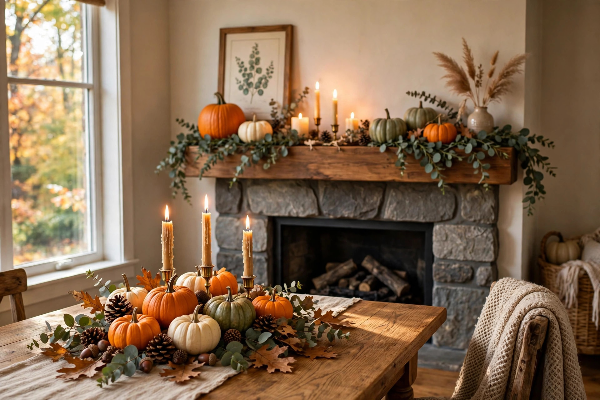 Fall pumpkin decor for mantel and table arranged in a cozy living room