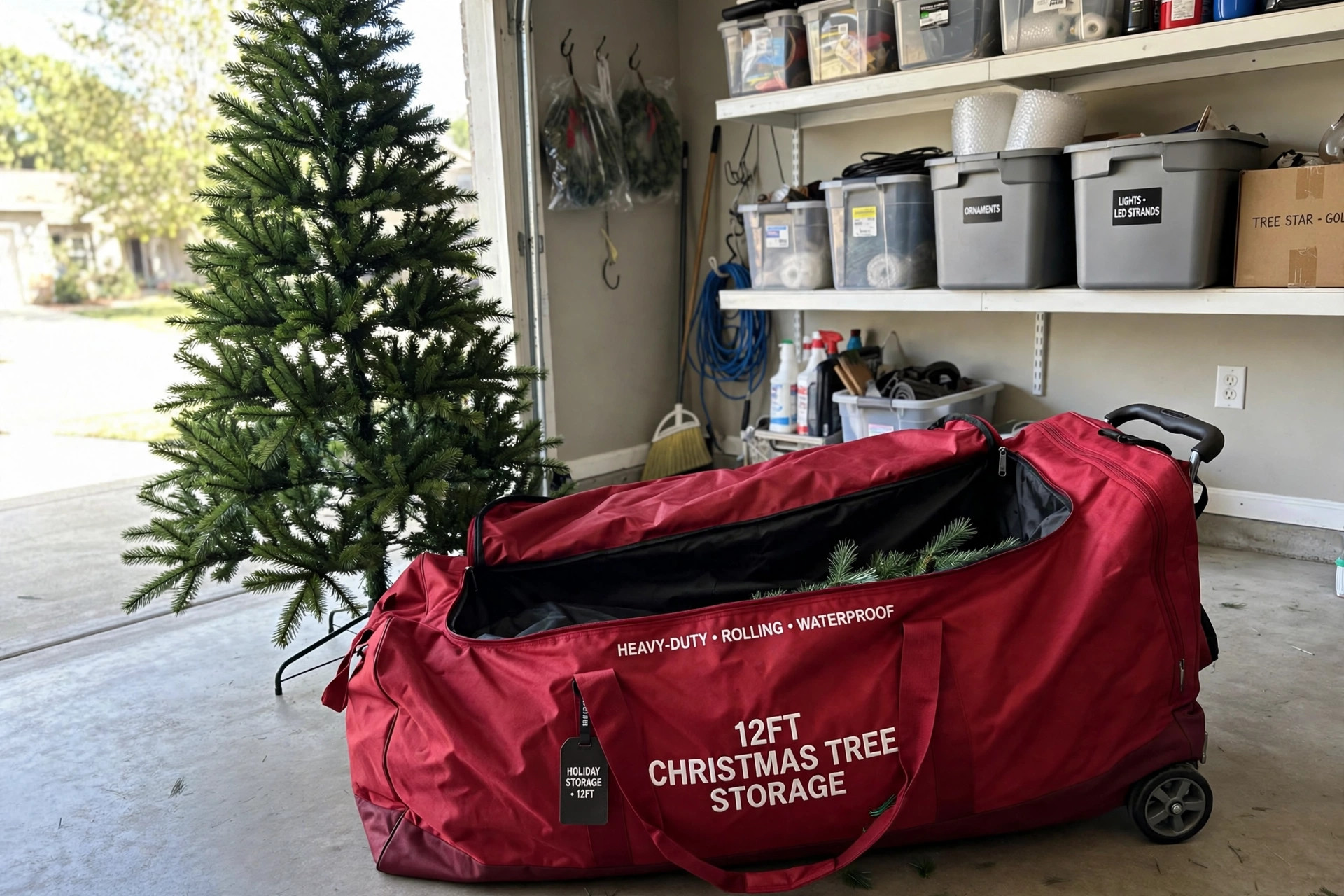 best christmas tree bag for 12ft tree storage: A tall artificial Christmas tree packed in a large red rolling storage bag in a garage