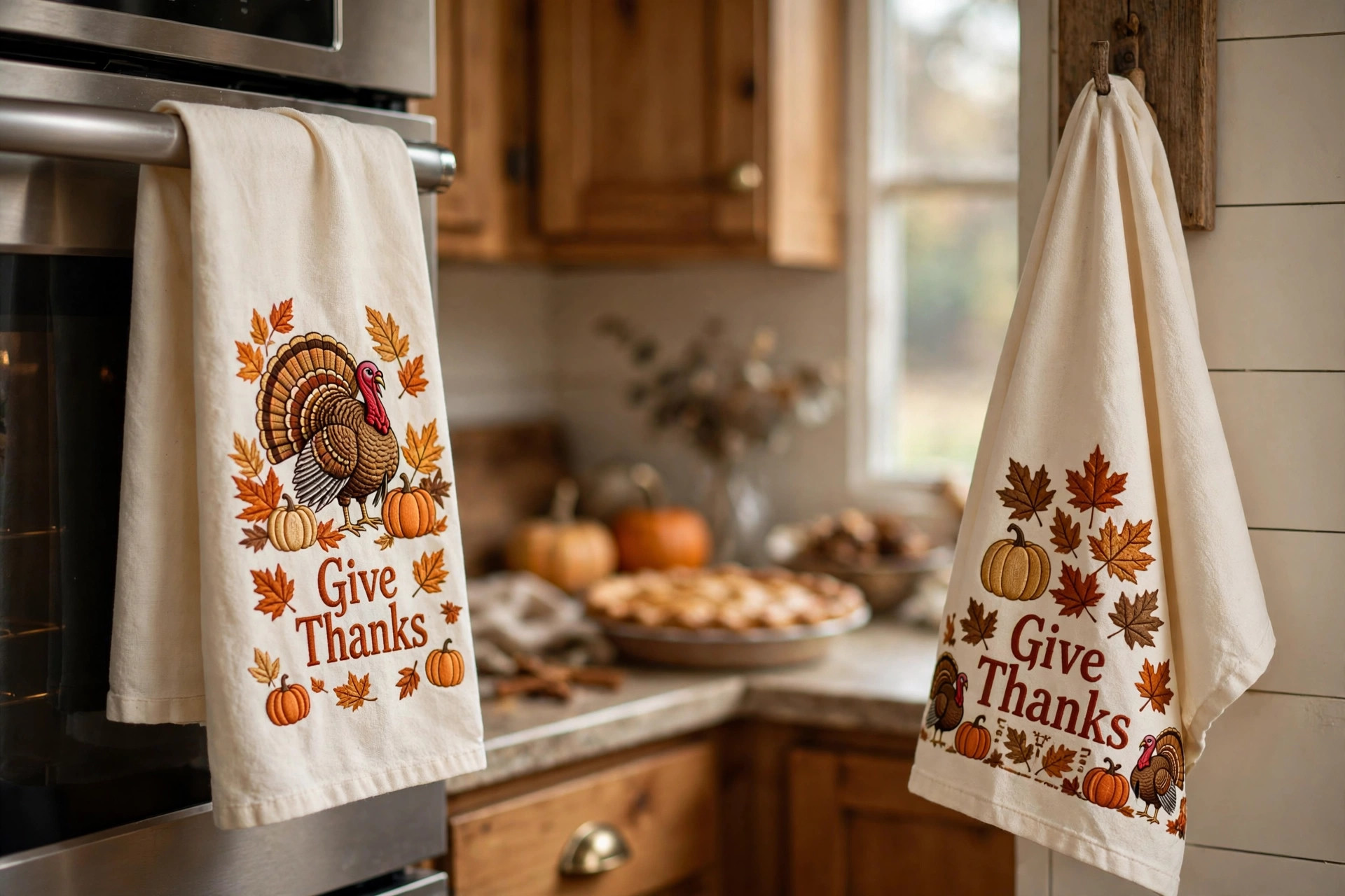 best thanksgiving dish towels for kitchen decor: Thanksgiving dish towels with fall motifs hanging in a cozy American kitchen