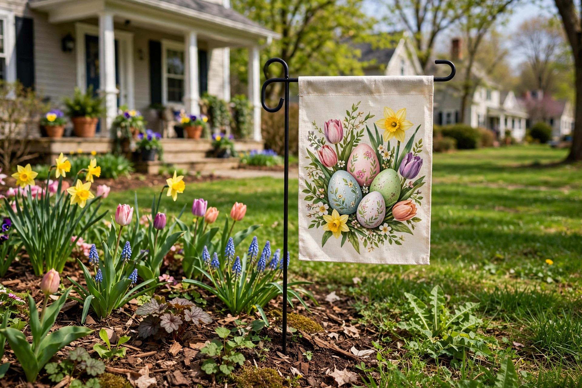 A spring garden flag for easter and floral welcome in a real American yard