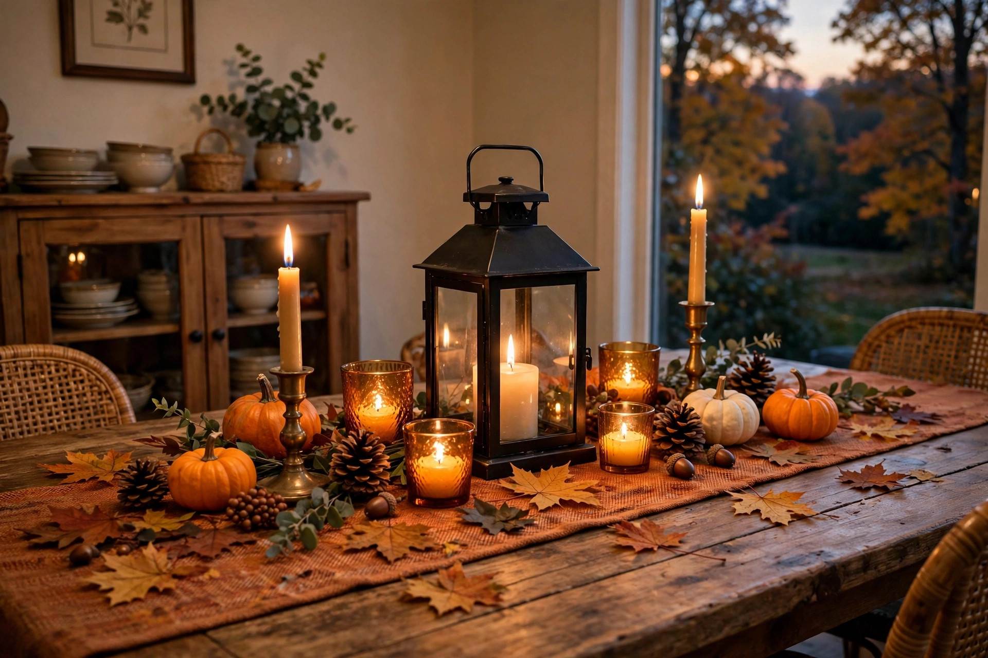 Fall candle holders for dining table centerpiece on a dining table