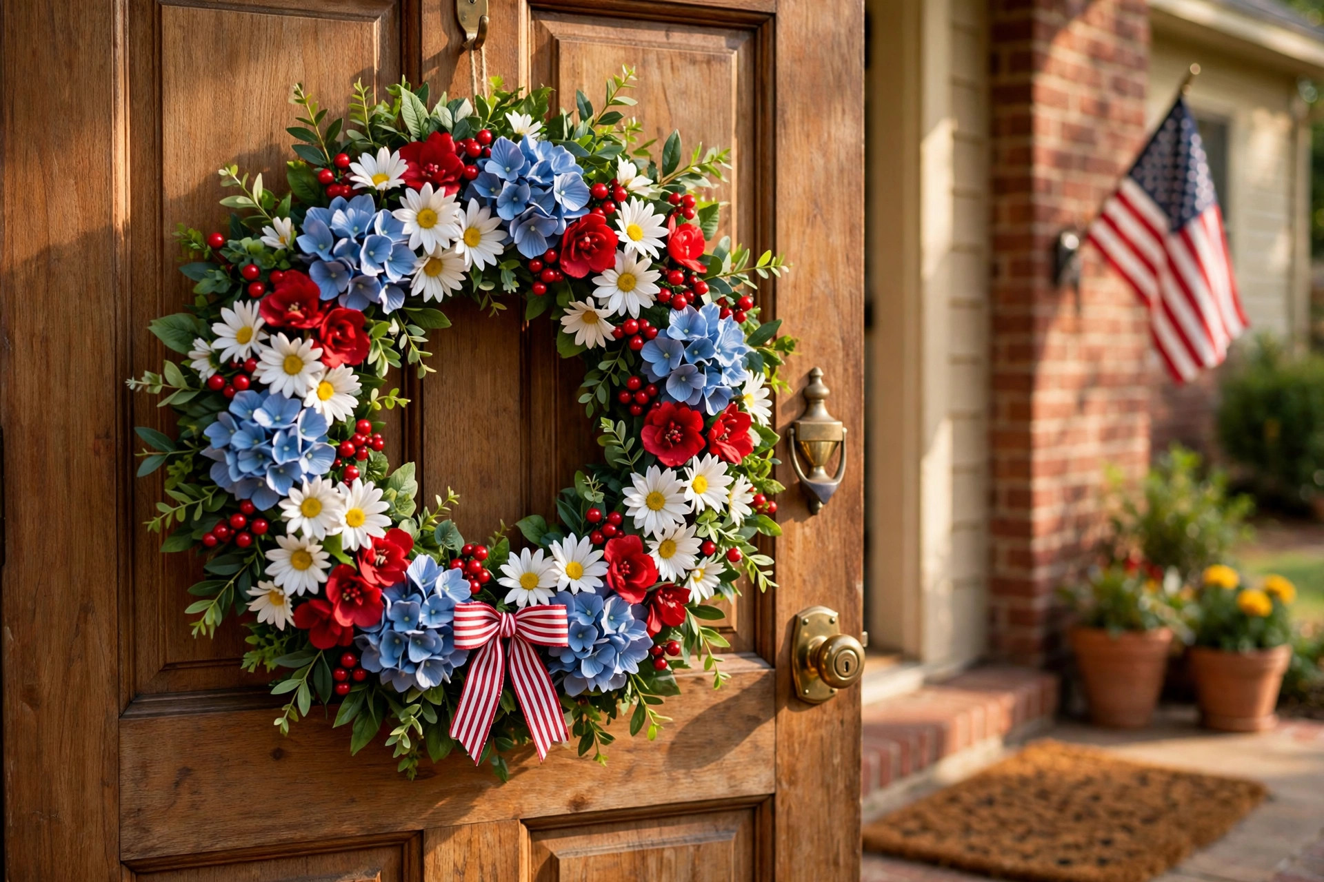 labor day wreath for front door patriotic hanging on a red wooden front door