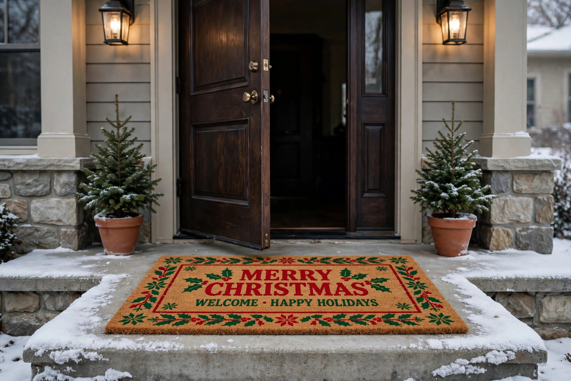 best christmas doormat for entryway holiday welcome: Festive Christmas doormat at a home entryway with holiday welcome decor