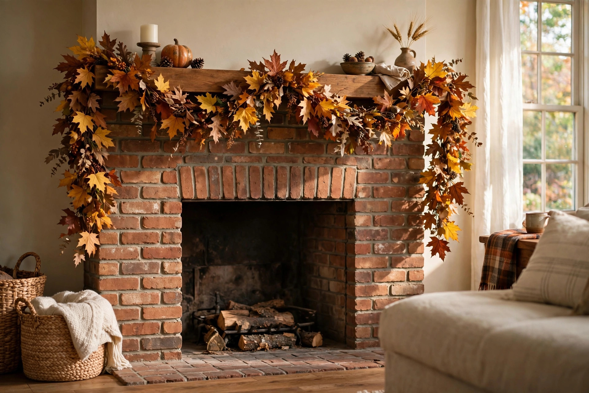Fall leaf garland for fireplace mantel decor draped along a home mantel