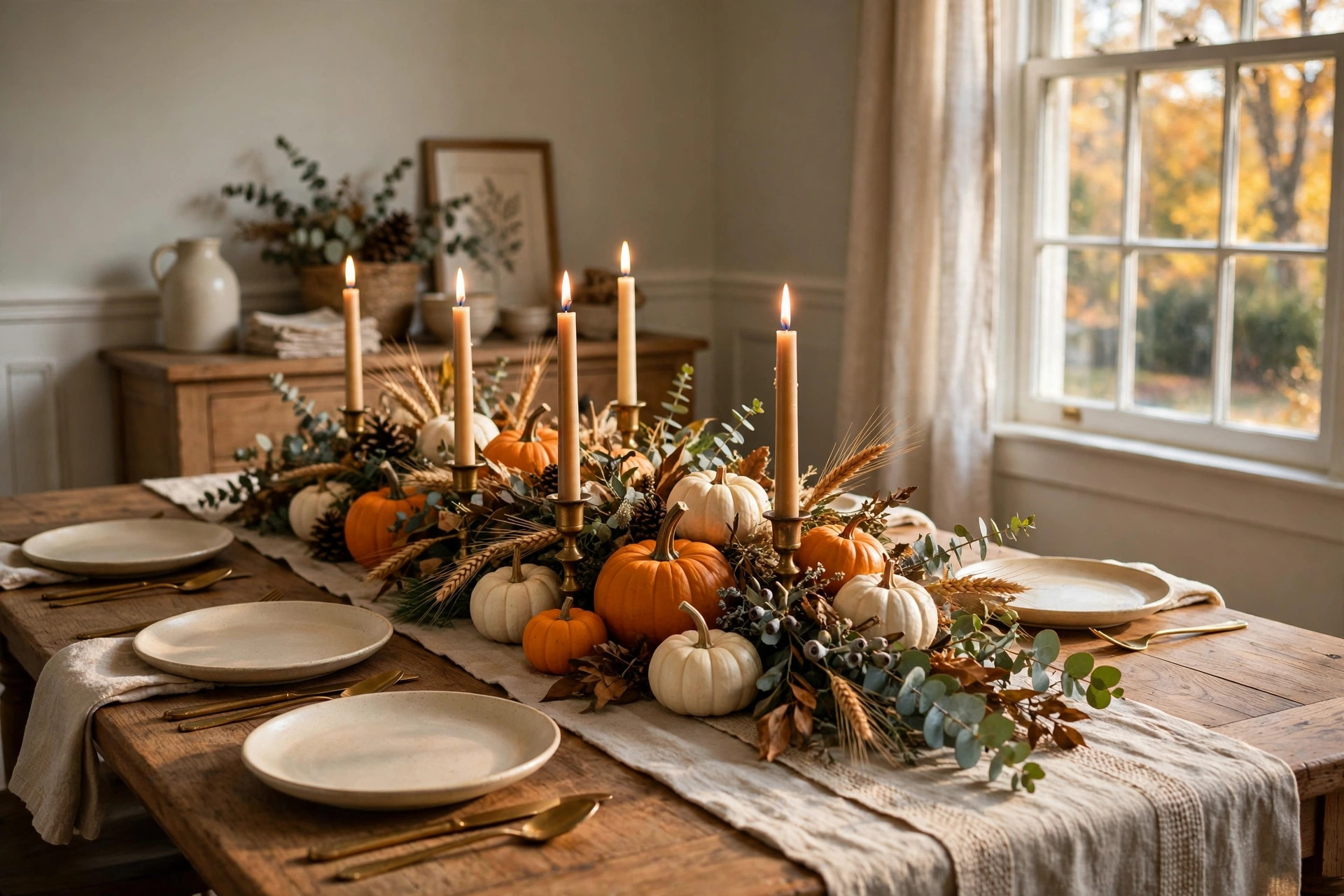 best thanksgiving pumpkin centerpiece for table: Pumpkin centerpiece for Thanksgiving table in a warm American dining room
