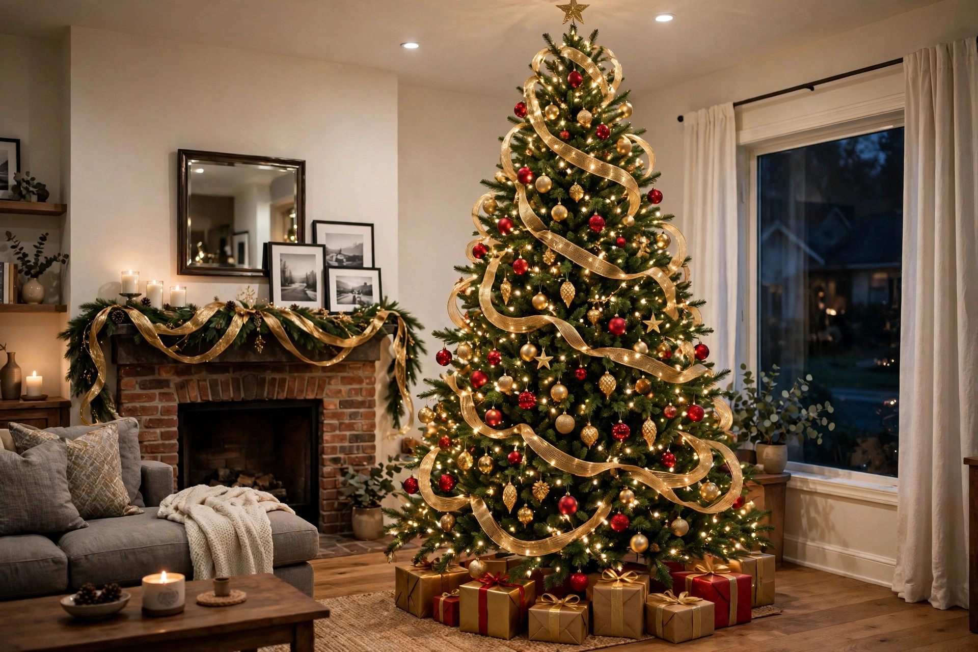 best christmas tree ribbon for decorating large tree: Wide ribbon decorating a tall Christmas tree