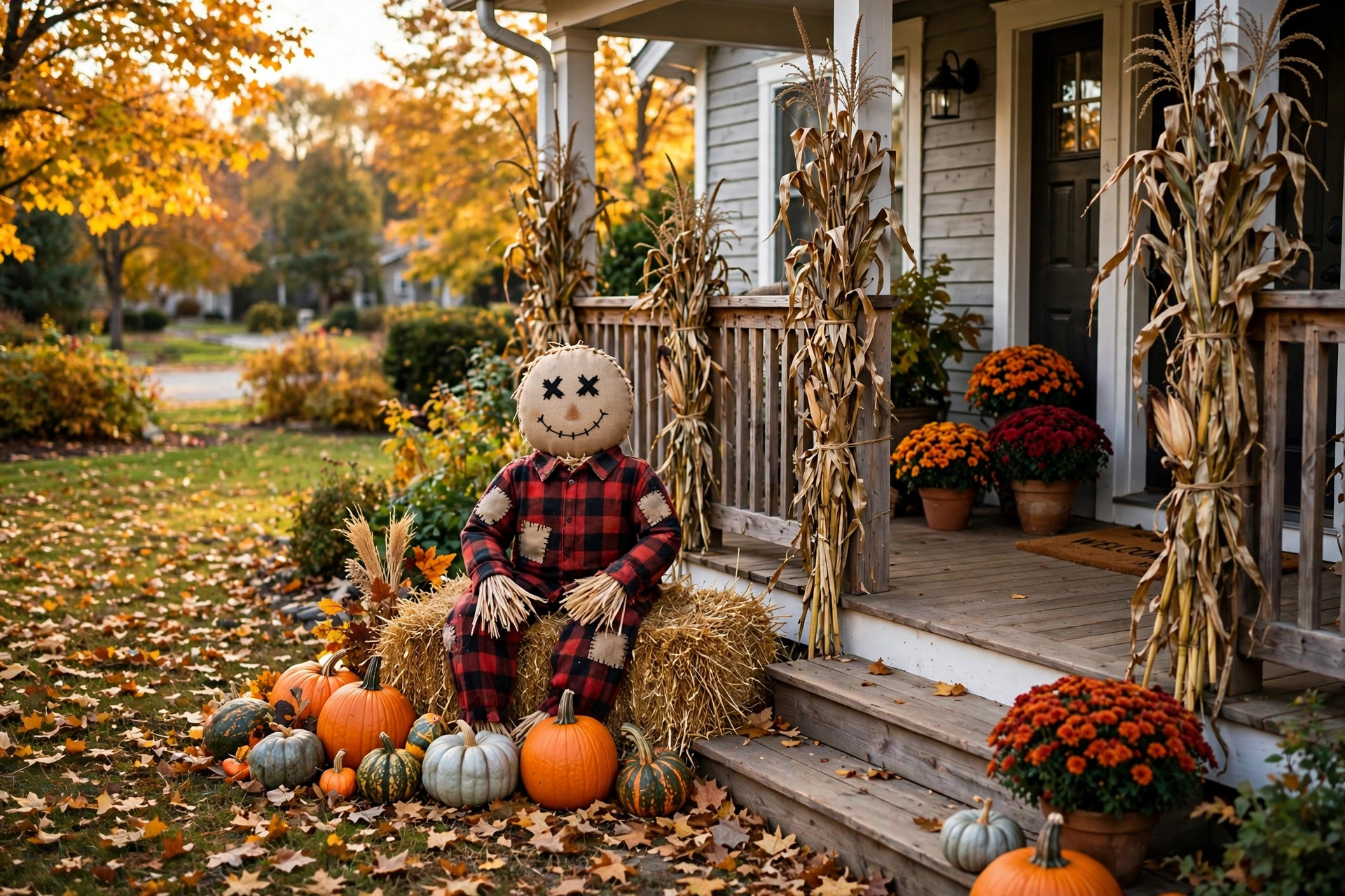 Fall scarecrow decorations for porch and yard on a farmhouse porch