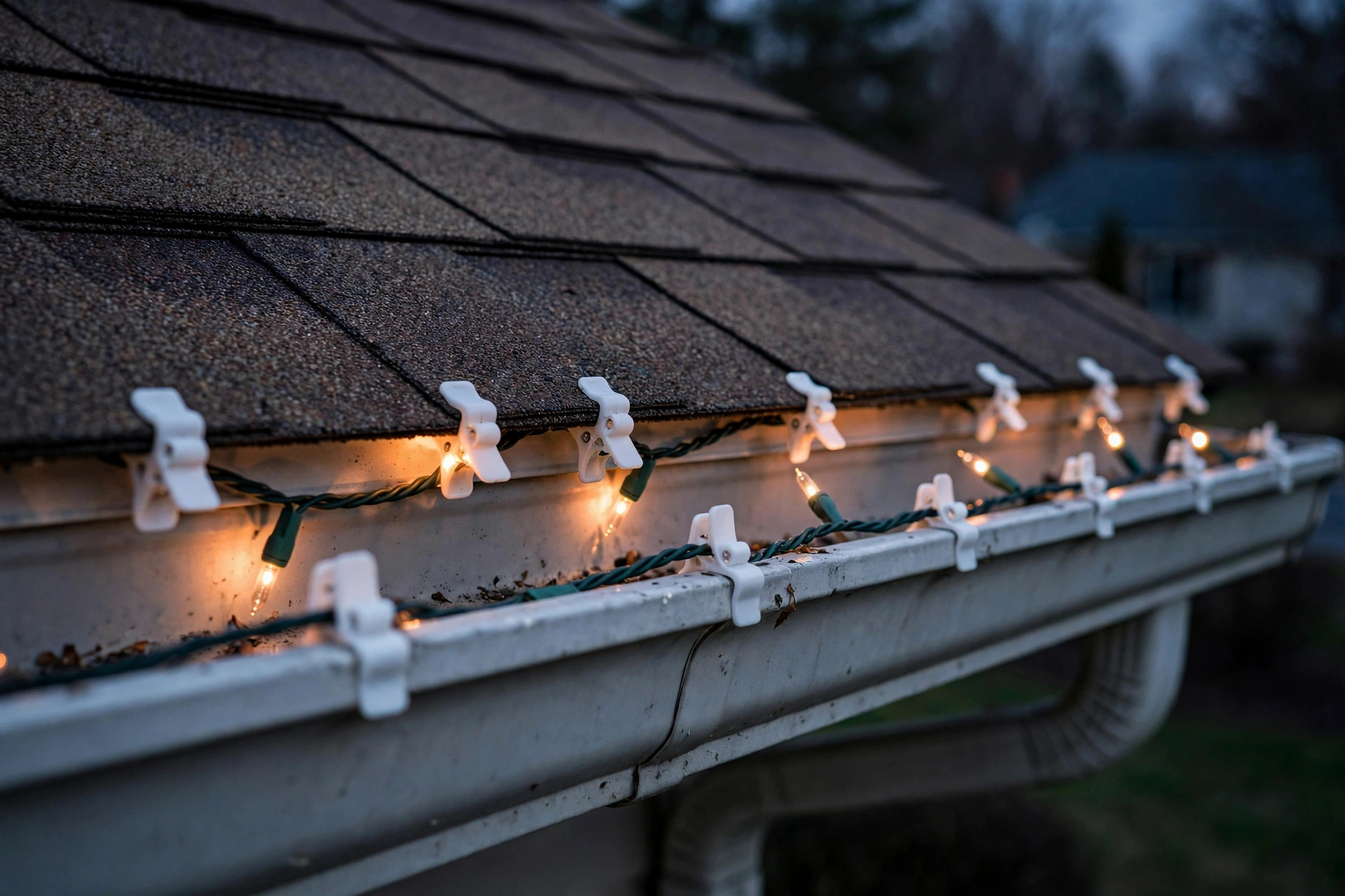 Christmas light clips for gutters and shingles USA holding string lights on a house