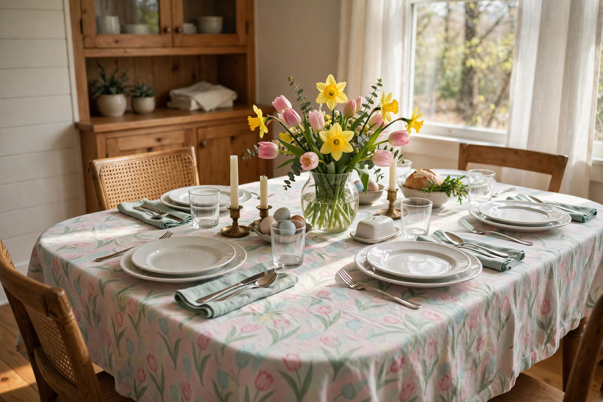 spring tablecloth for easter dinner party usa: Spring tablecloth on an Easter dinner table in an American home