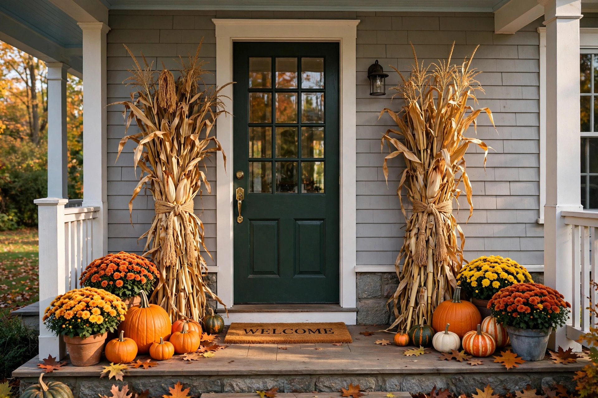Fall corn stalk decorations for porch bundles on a front porch