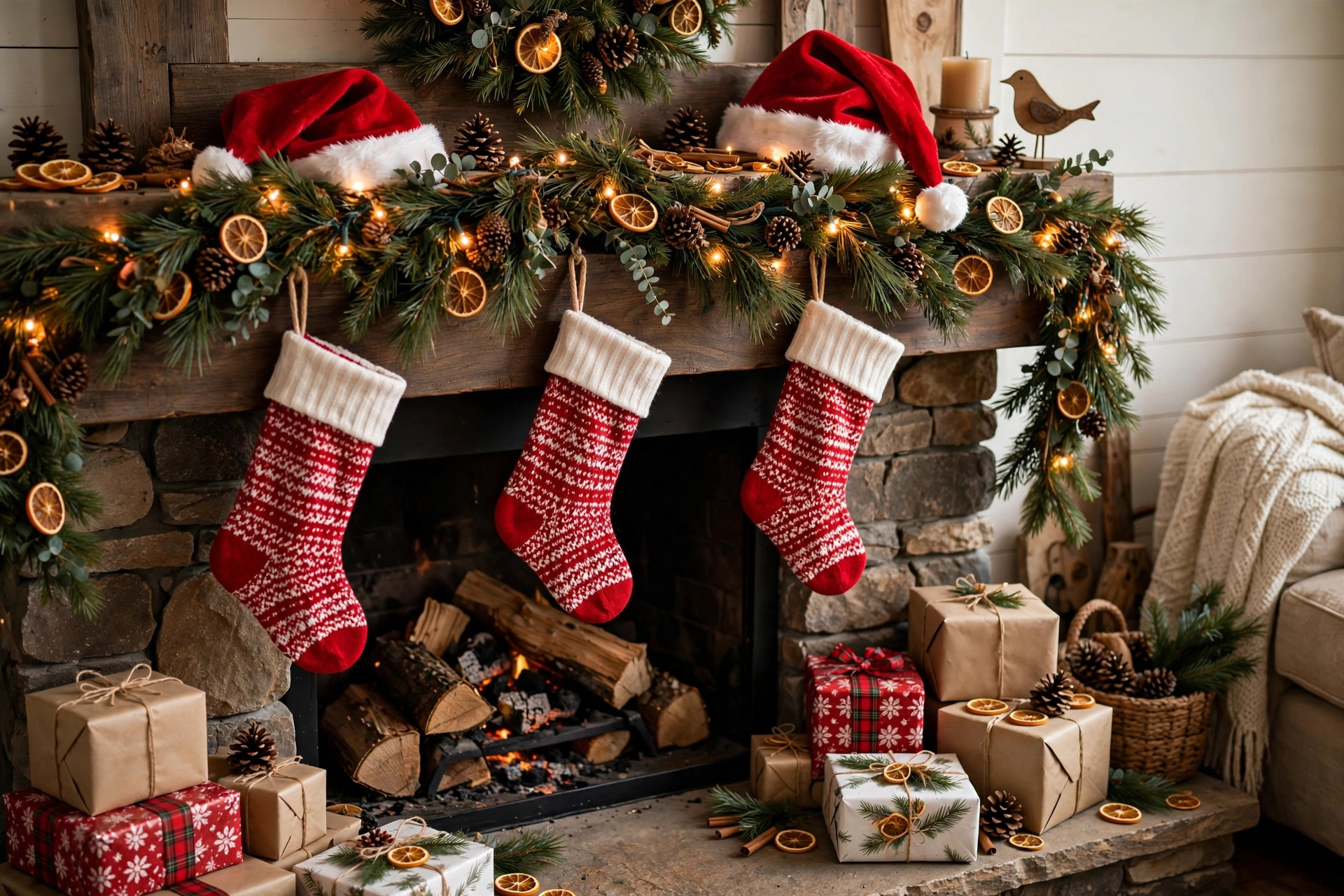 christmas santa decorations for indoor display usa: Christmas Santa decorations for indoor display in a cozy living room