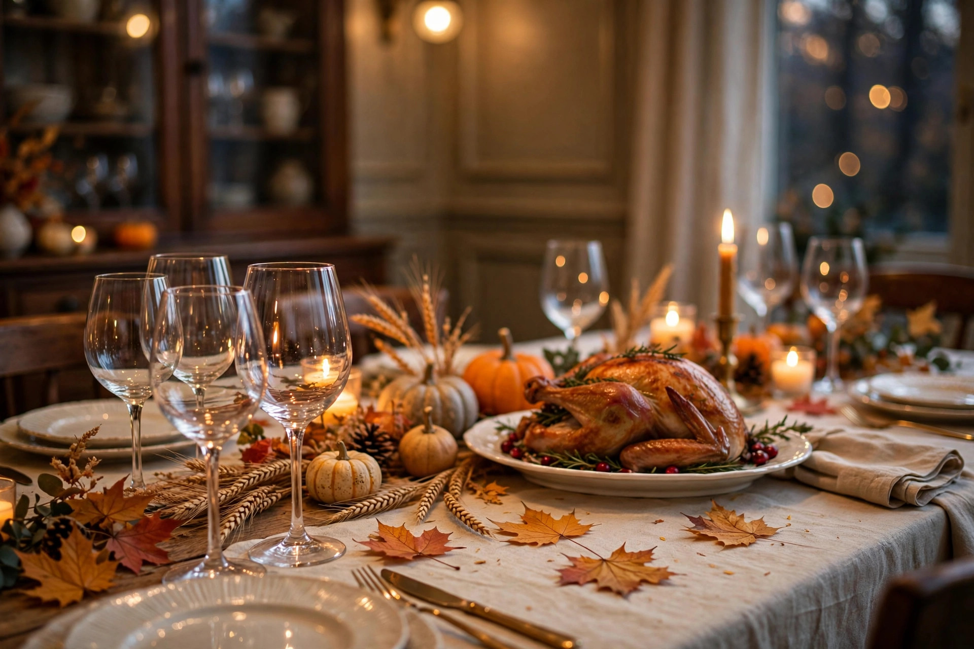 Thanksgiving wine glasses for holiday table setting with autumn decor