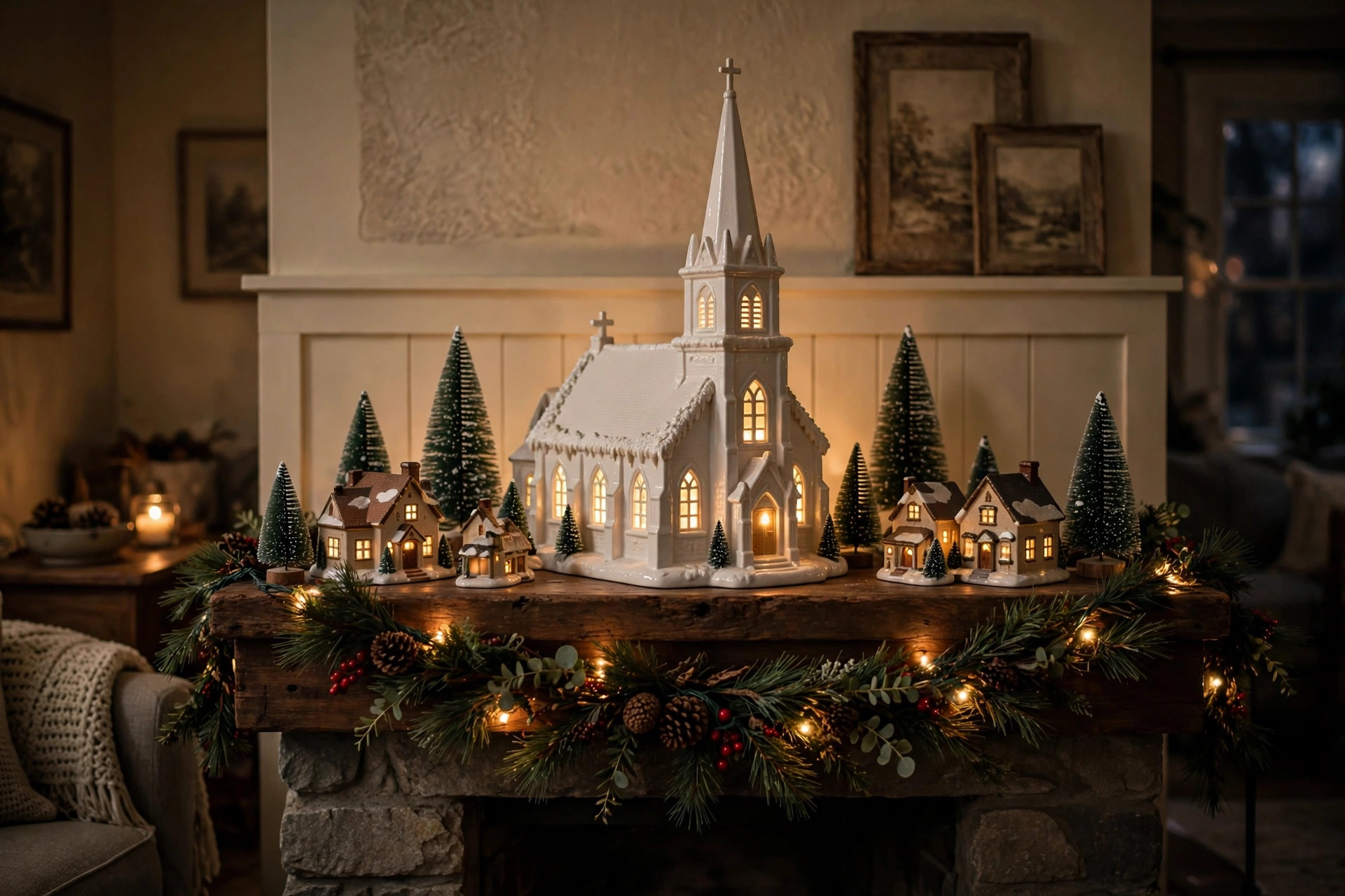 best christmas village church for mantel collection: A lit ceramic christmas village church on a wooden mantel