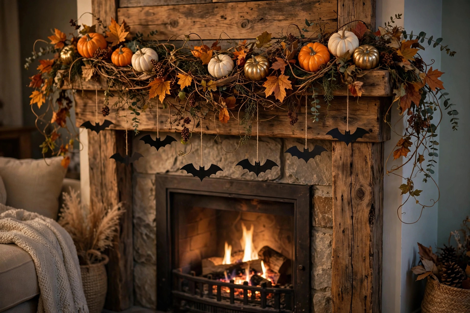 Halloween garland for mantel with bats pumpkins draped across a living room mantel