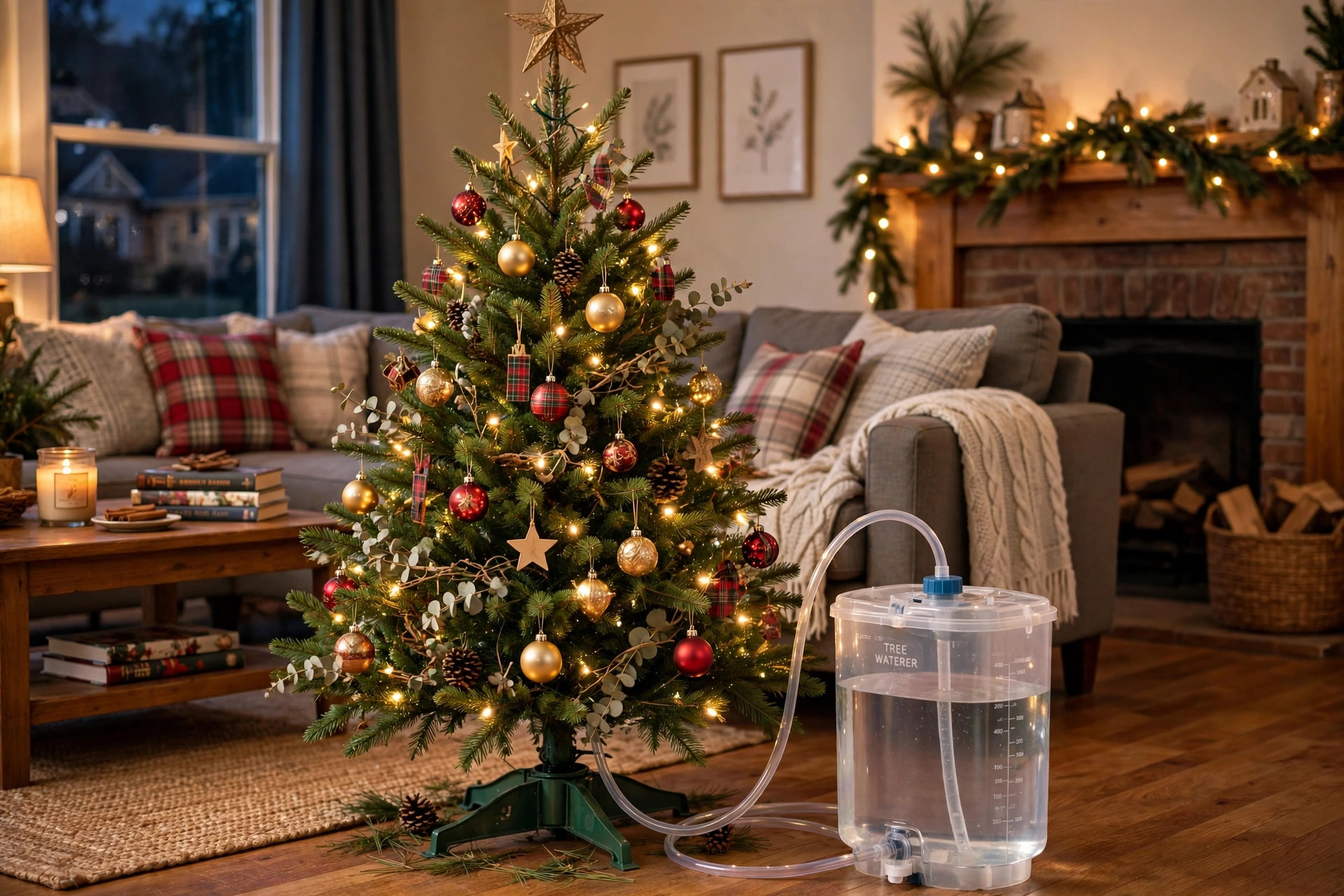 christmas tree waterer for real tree care usa: Christmas tree waterer filling a real tree stand in an American living room