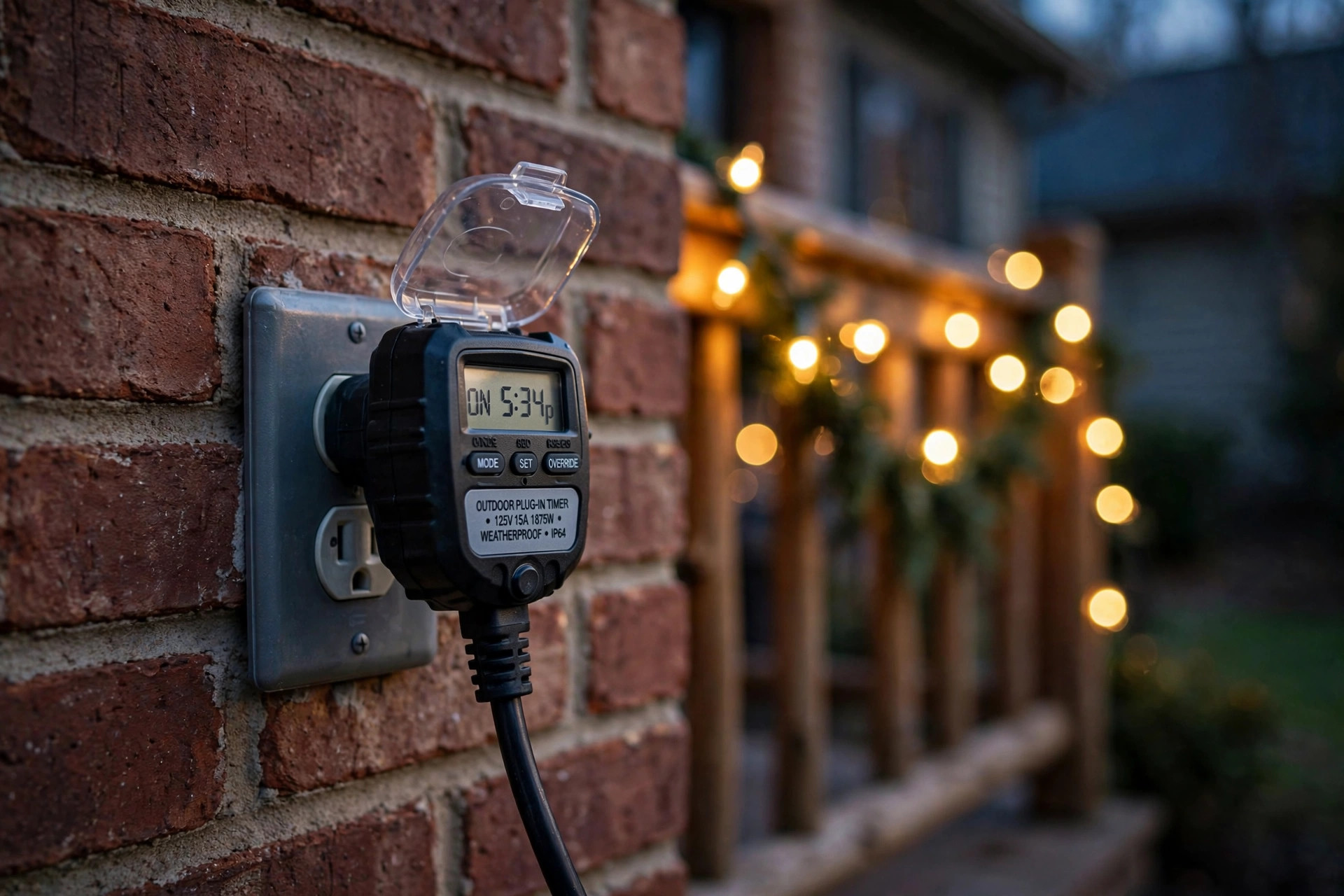 best christmas lights timer for outdoor outlets: Outdoor Christmas lights timer plugged into a covered porch outlet