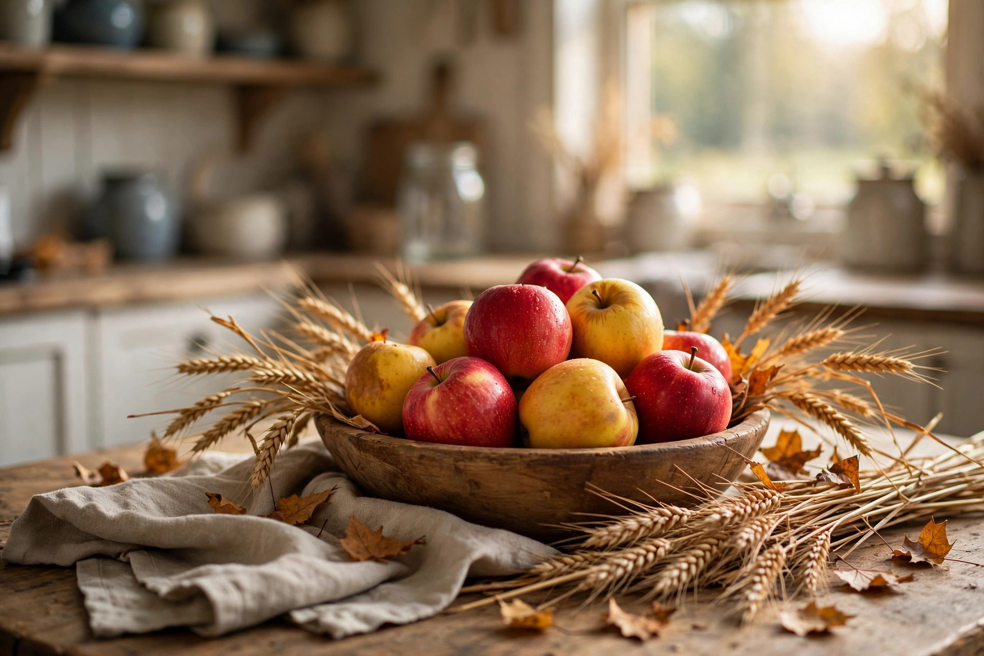 fall apple decor for kitchen and table usa: Fall apple decor for kitchen and table with red apples, wooden crates, and warm autumn light