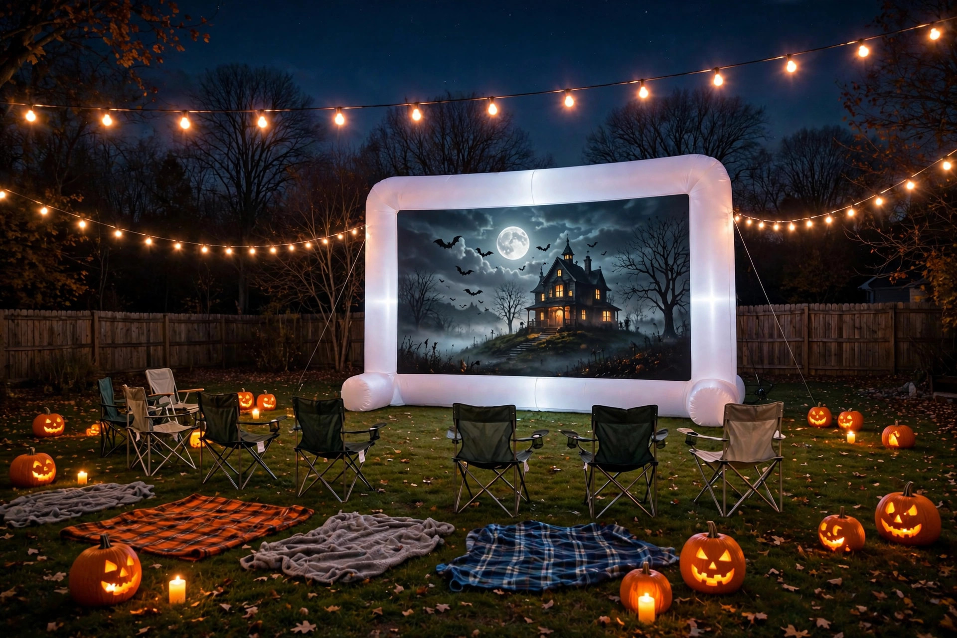 best halloween projector screen for backyard movies: A large backyard projector screen at night showing a Halloween movie with pumpkins and string lights