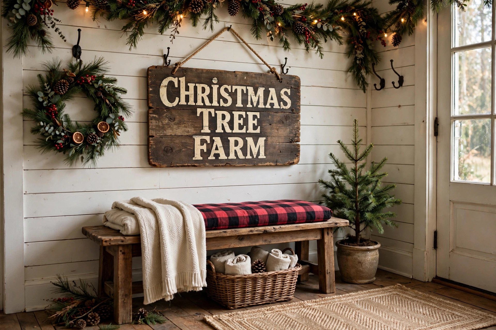 christmas tree farm sign for rustic home decor hanging above a farmhouse entry bench