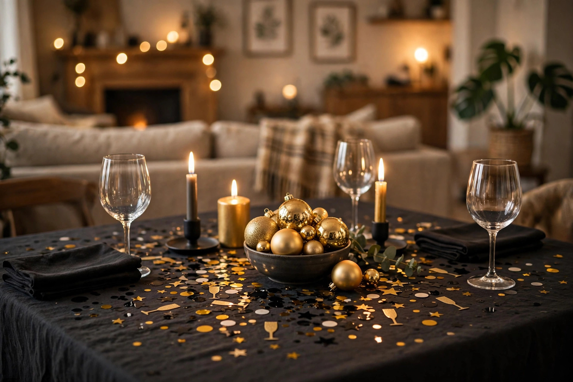 best new year table confetti for party decor: New Year table confetti for party decor scattered on a festive dining table