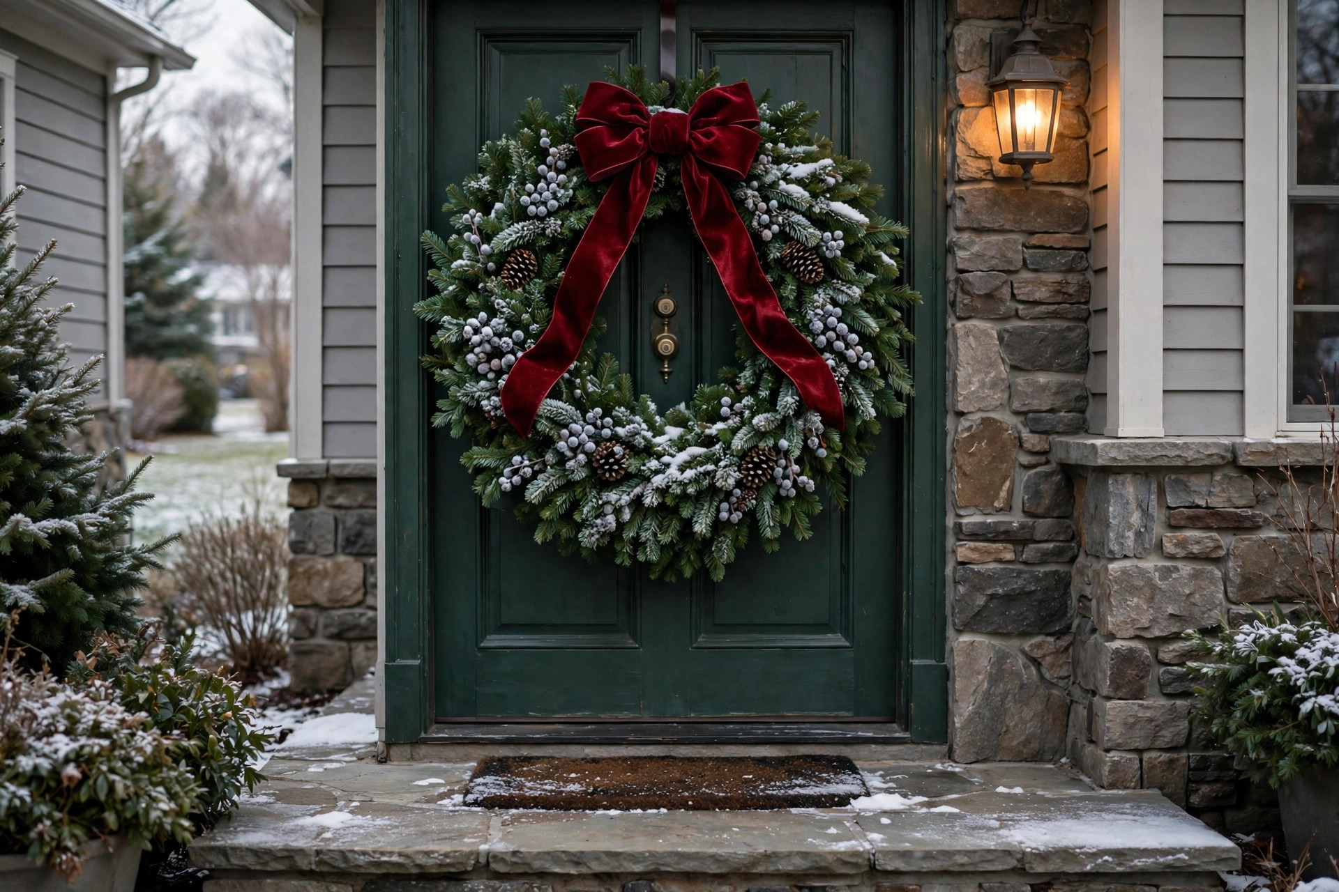 best christmas bows for outdoor wreaths large: Large red velvet Christmas bow on an outdoor wreath