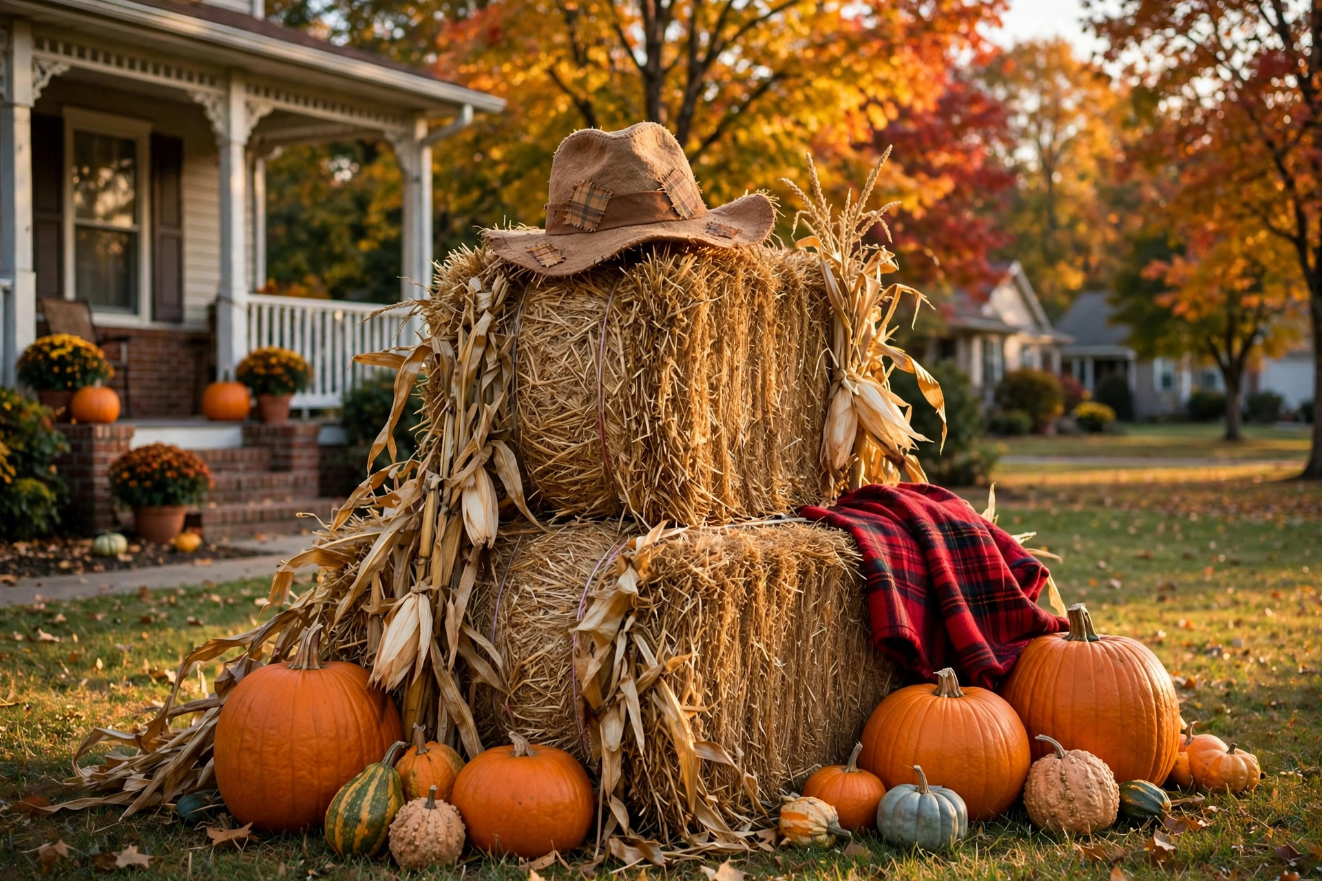 fall hay bale decorations for yard harvest display: Square hay bales decorated with pumpkins and corn stalks in a fall harvest display in a front yard