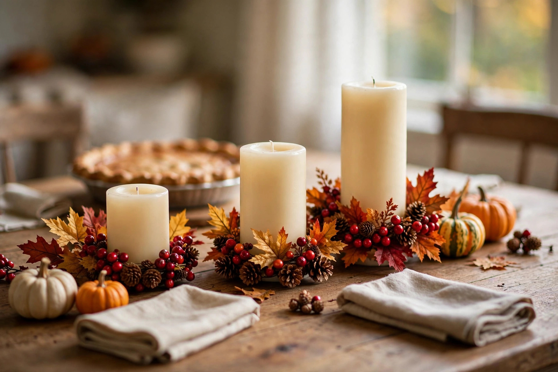 best thanksgiving candle rings for table decor: Thanksgiving candle rings around pillar candles on a decorated fall table