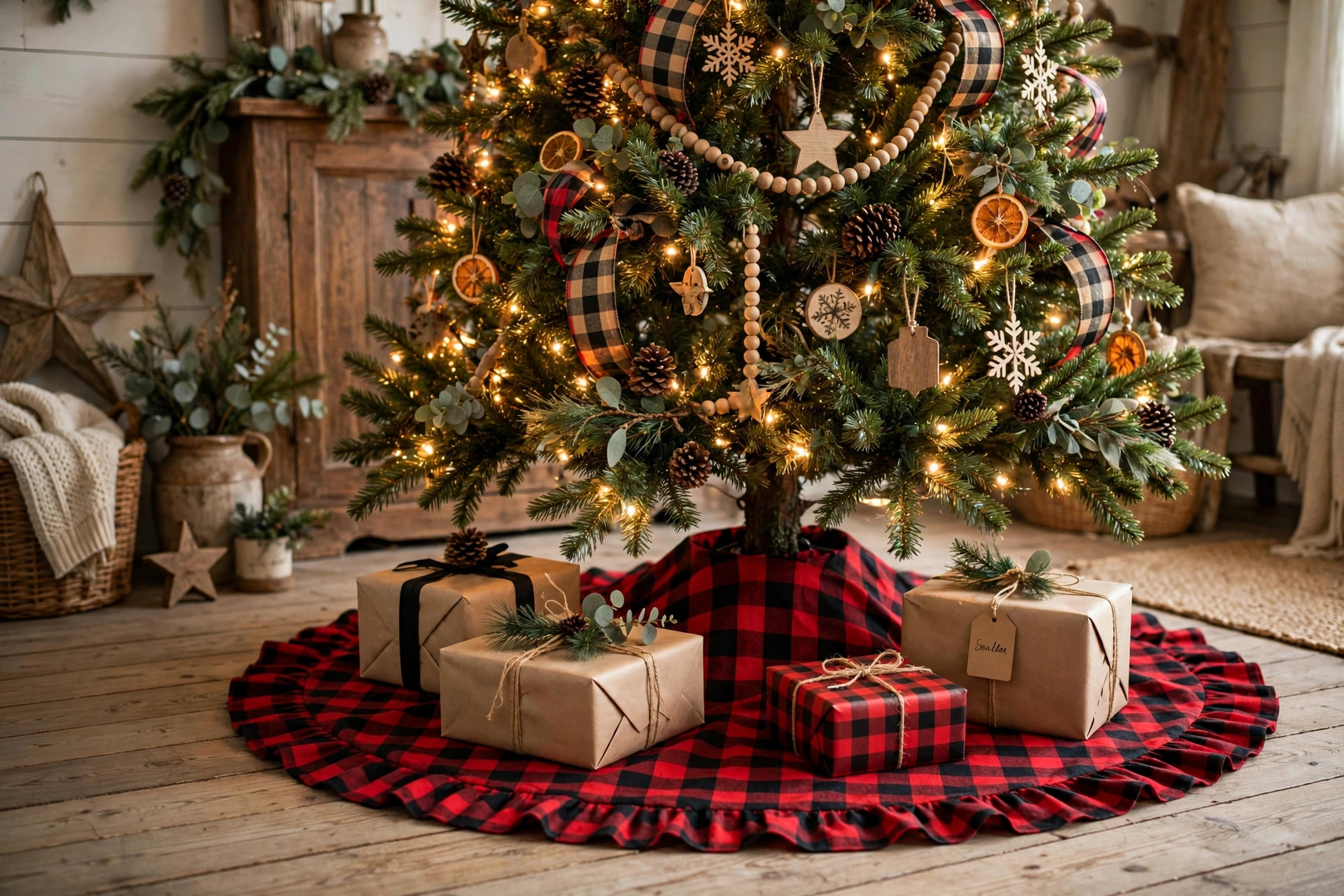 Christmas tree skirt plaid for rustic farmhouse style under a decorated tree