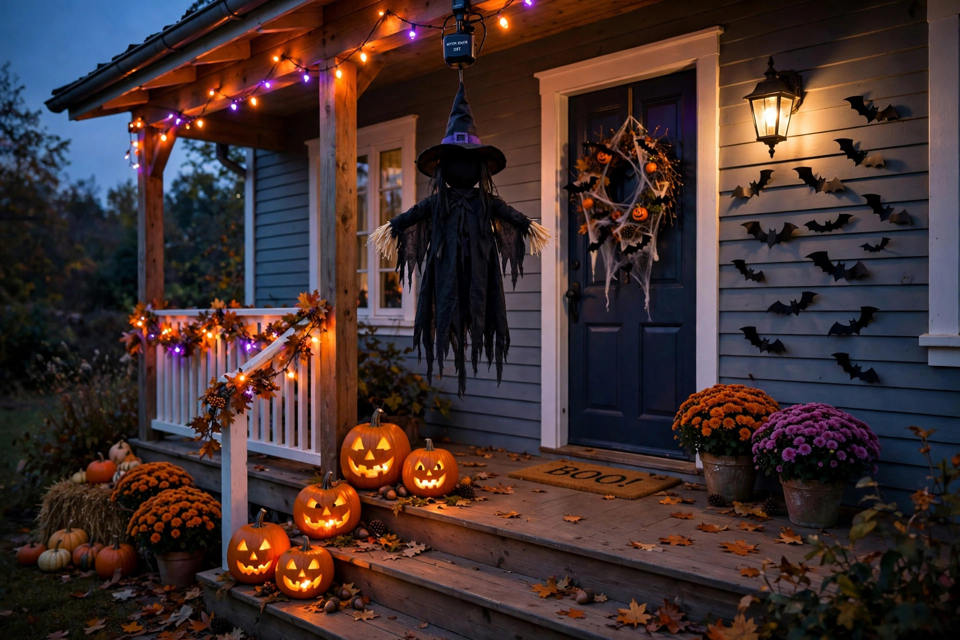 best halloween motion sensor decorations for porch: Spooky motion sensor decorations on a front porch for Halloween