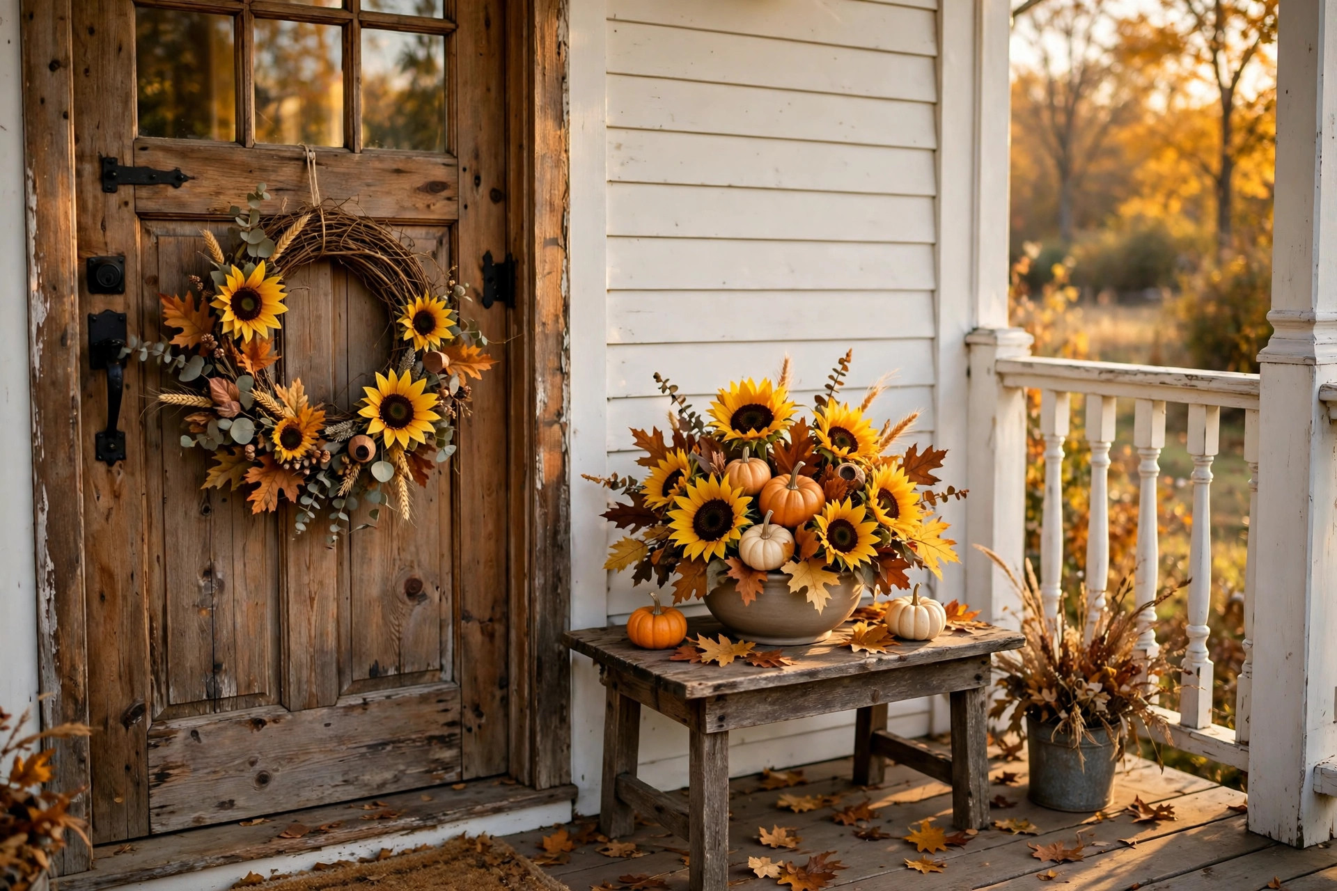Fall sunflower decor for porch and table usa on a farmhouse porch