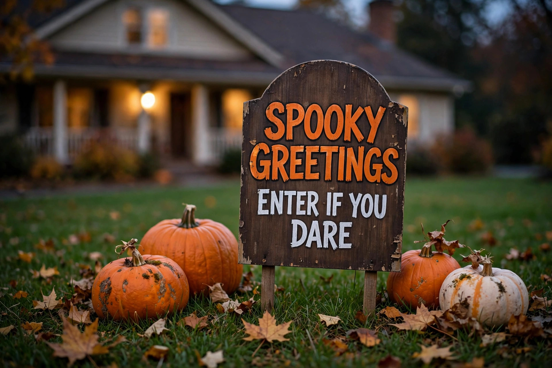 best halloween yard sign for spooky greetings: Halloween yard sign with spooky greeting on a front lawn
