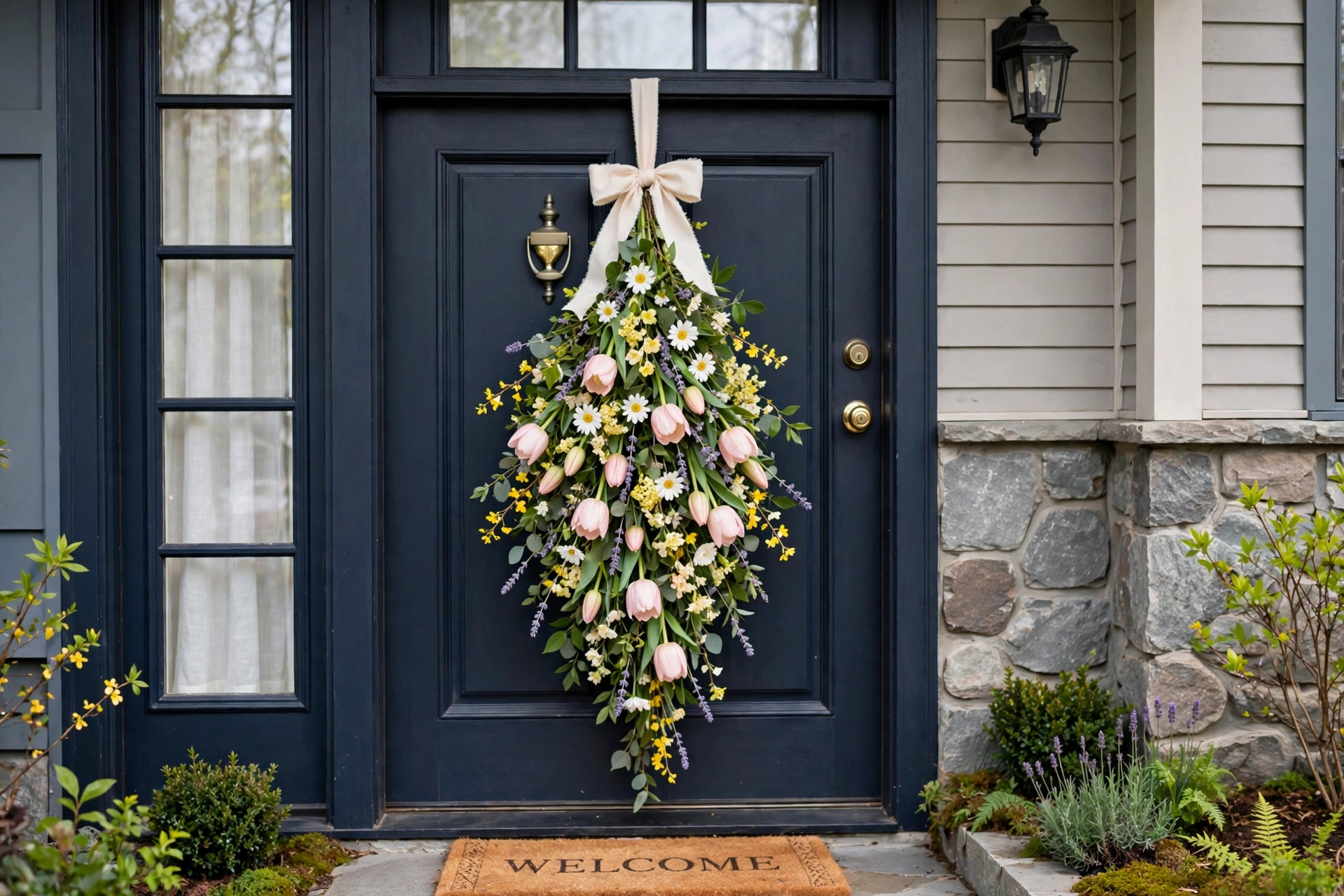 Spring floral swag for front door Easter hanging on a front door