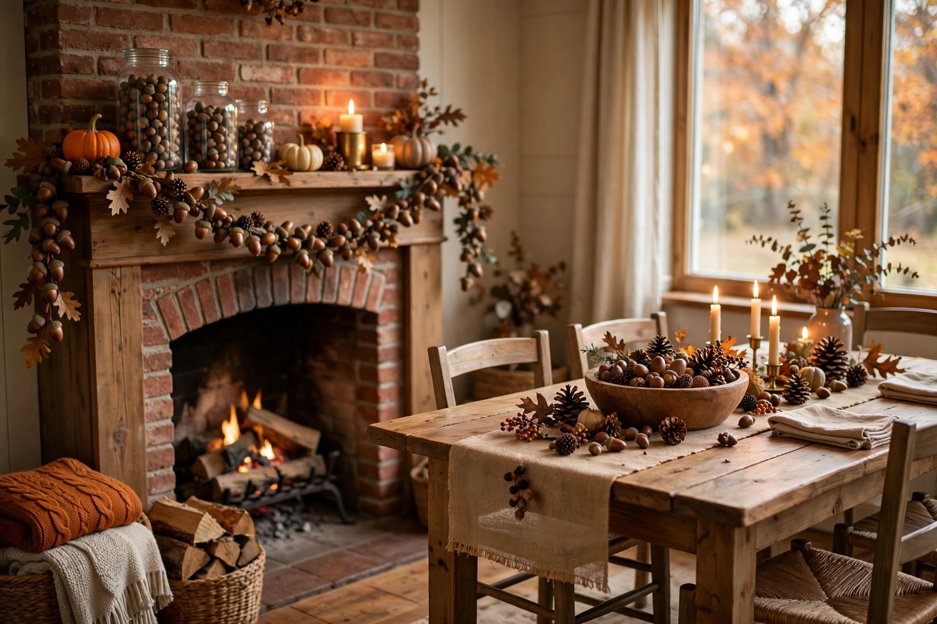 fall acorn decor for table and mantel usa: Fall acorn decor arranged on a farmhouse dining table and fireplace mantel