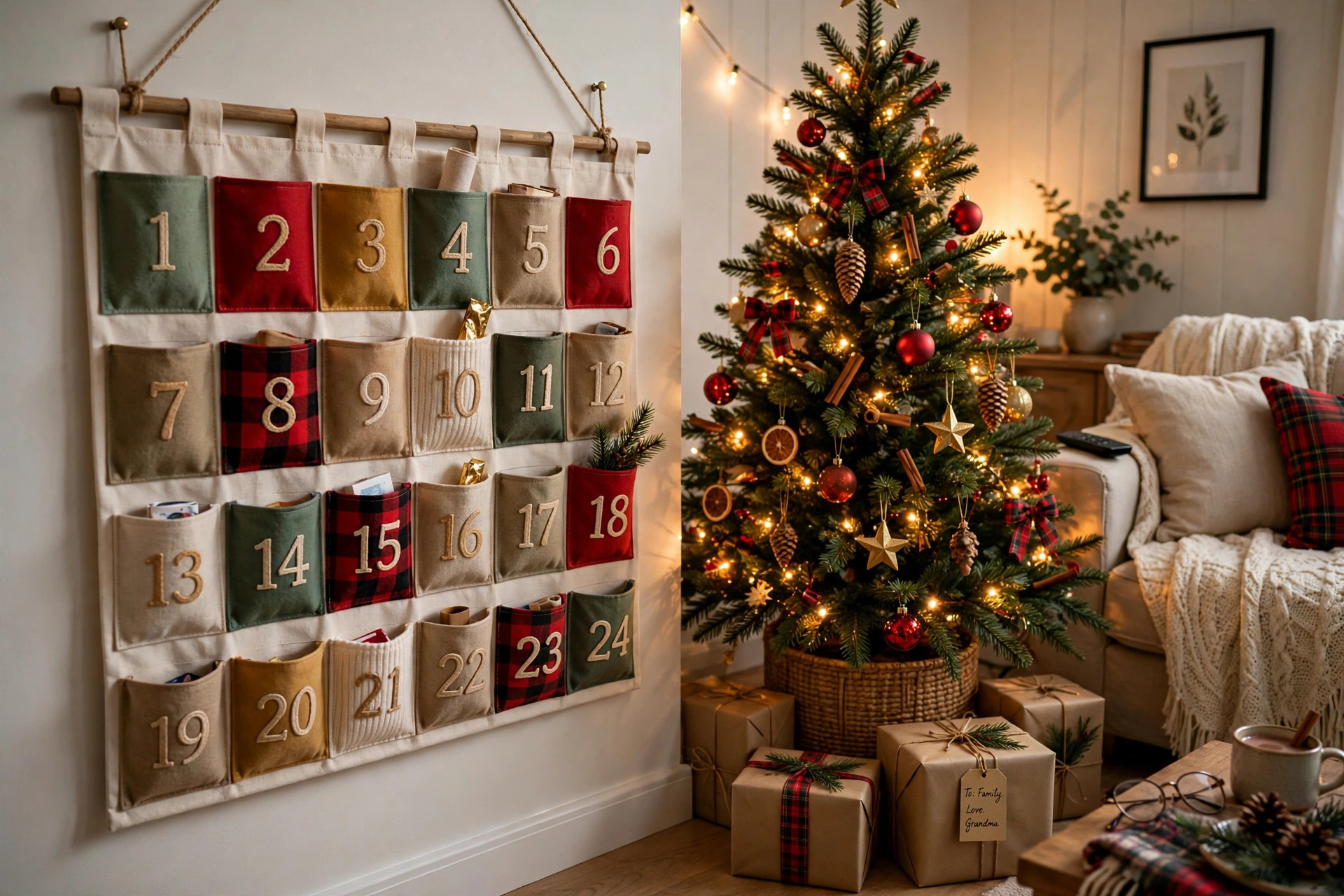 A christmas countdown calendar for kids activities usa hanging in a living room
