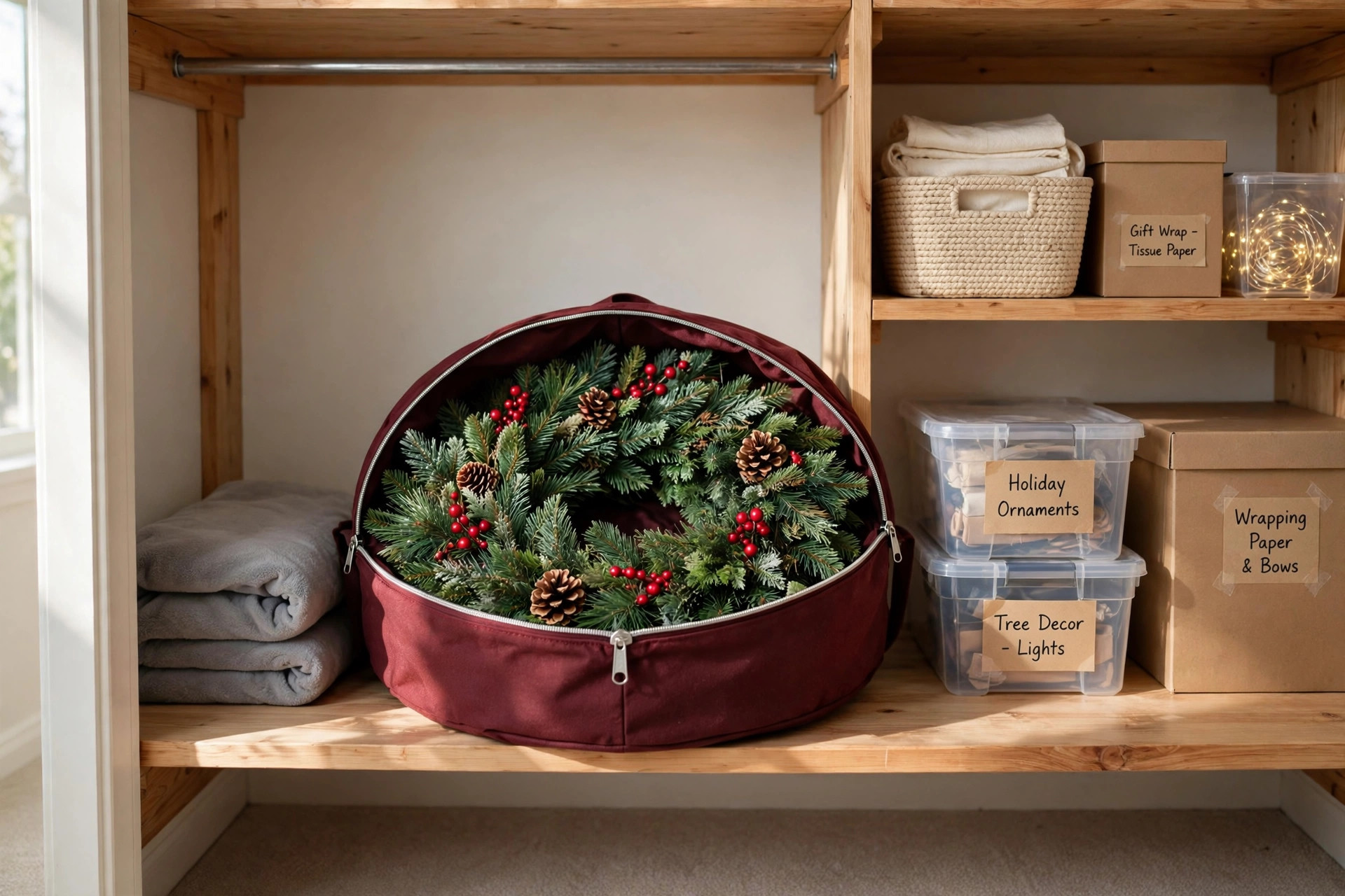 best christmas wreath storage bag for 36 inch: Large 36 inch Christmas wreath in a storage bag inside a home closet