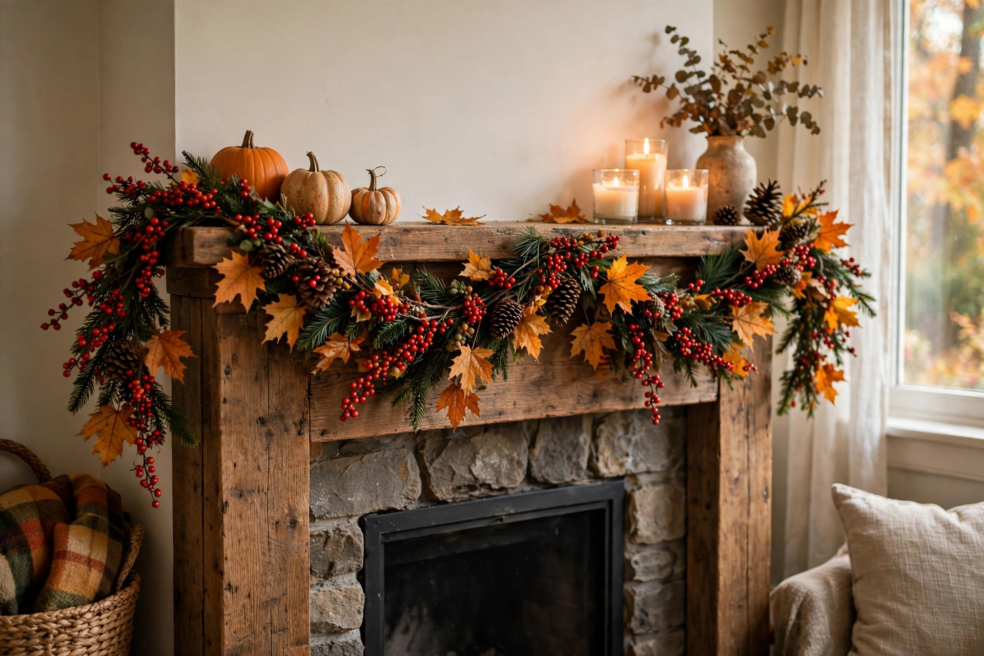Fall berry garland for mantel autumn decor on a wooden hearth