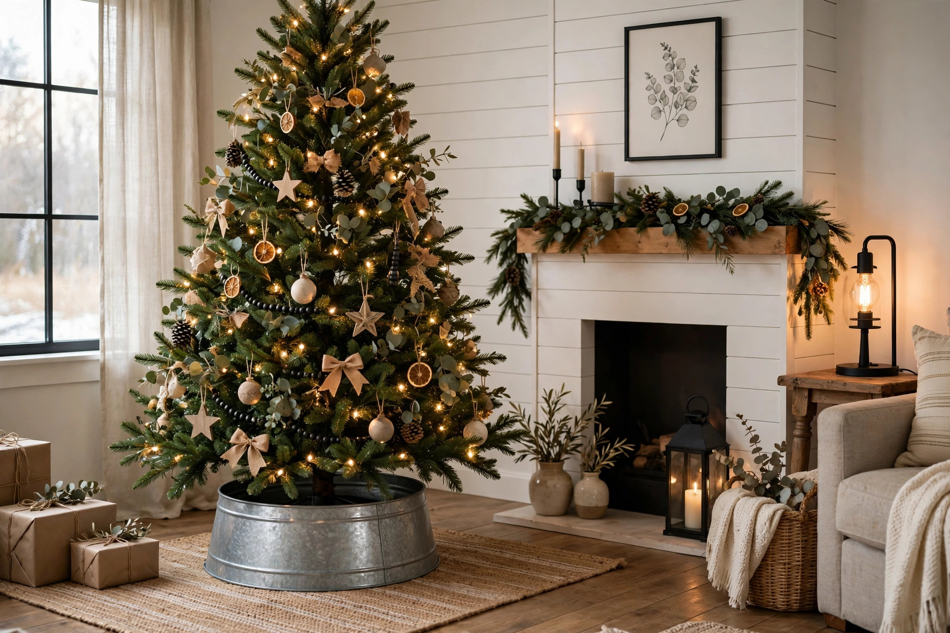 christmas tree collar galvanized for modern farmhouse: Galvanized christmas tree collar for modern farmhouse style around a tree