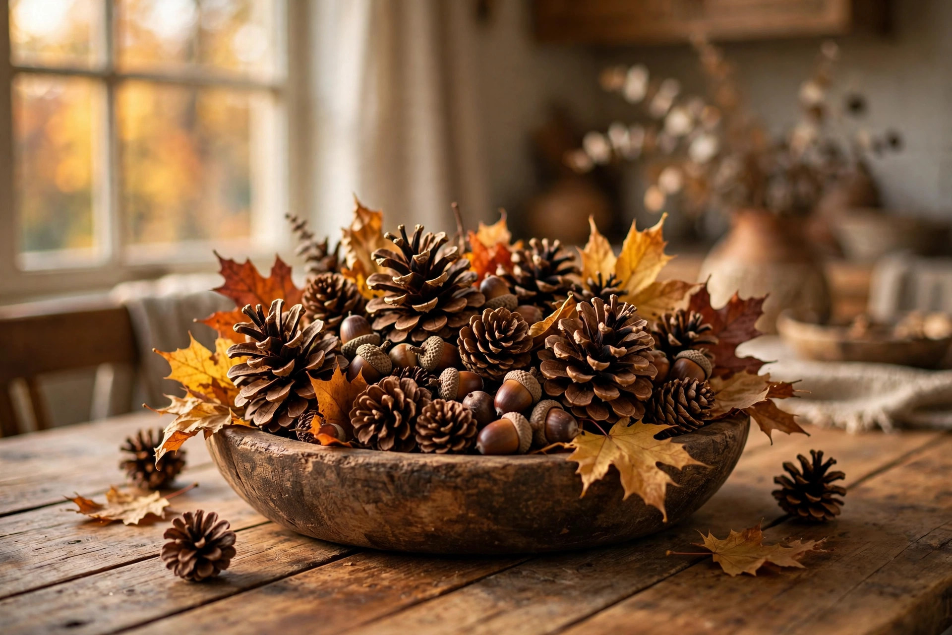 Fall pinecone decor for bowl and table centerpiece in a wooden bowl