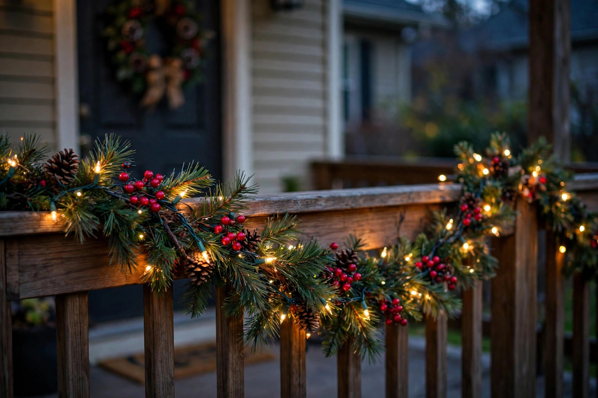 best outdoor christmas garland with timer lights: Lit outdoor Christmas garland with timer lights on a porch railing