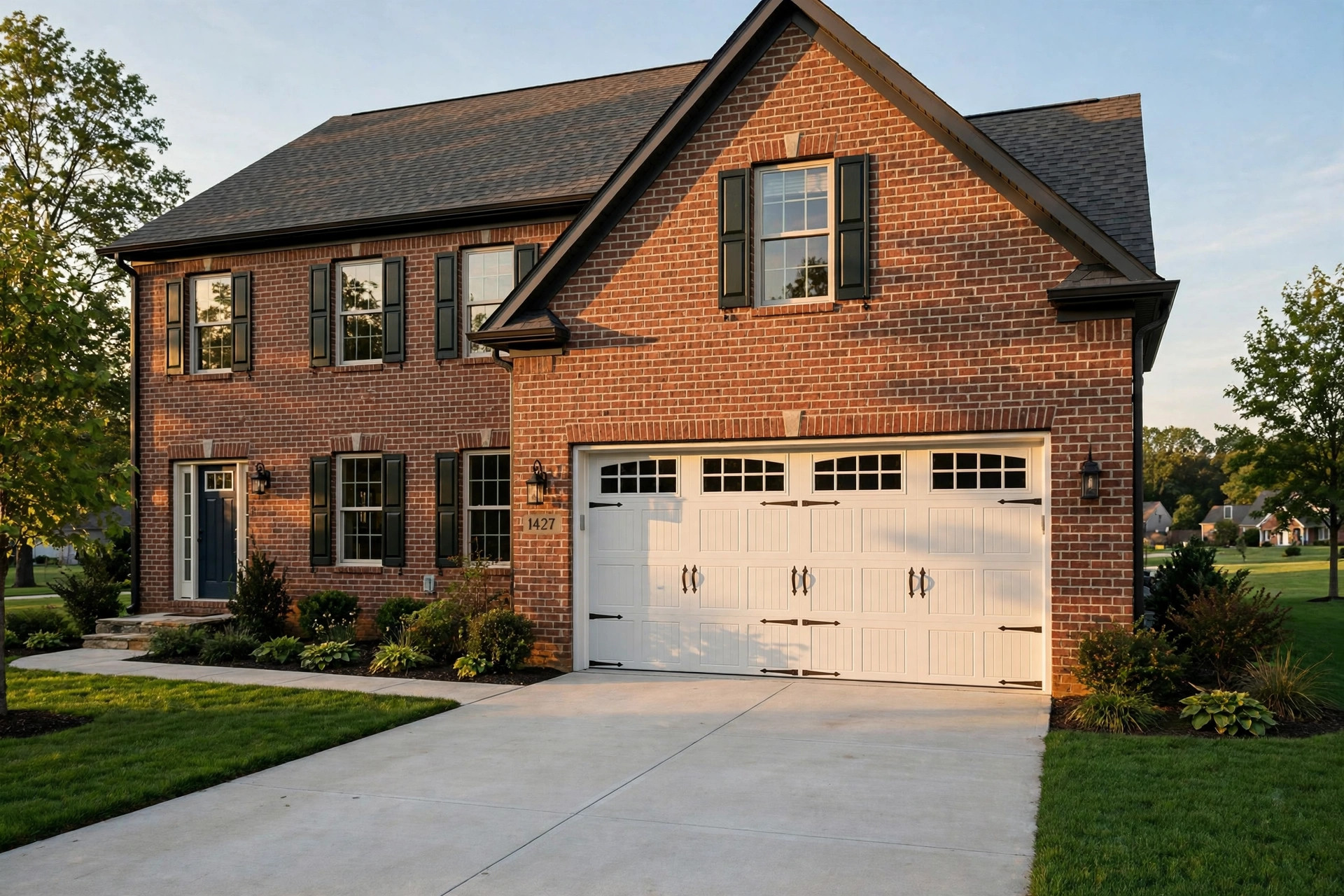 New steel garage door on a suburban home, shown in top rated garage door replacement reviews