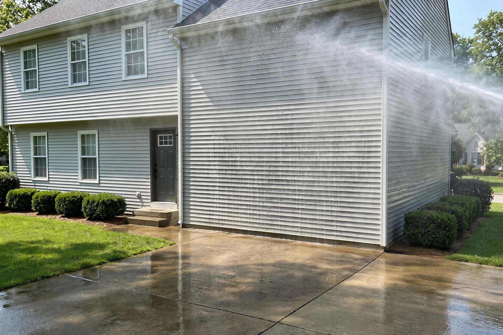 Energy efficient house power washing services near me being performed on a two-story home exterior