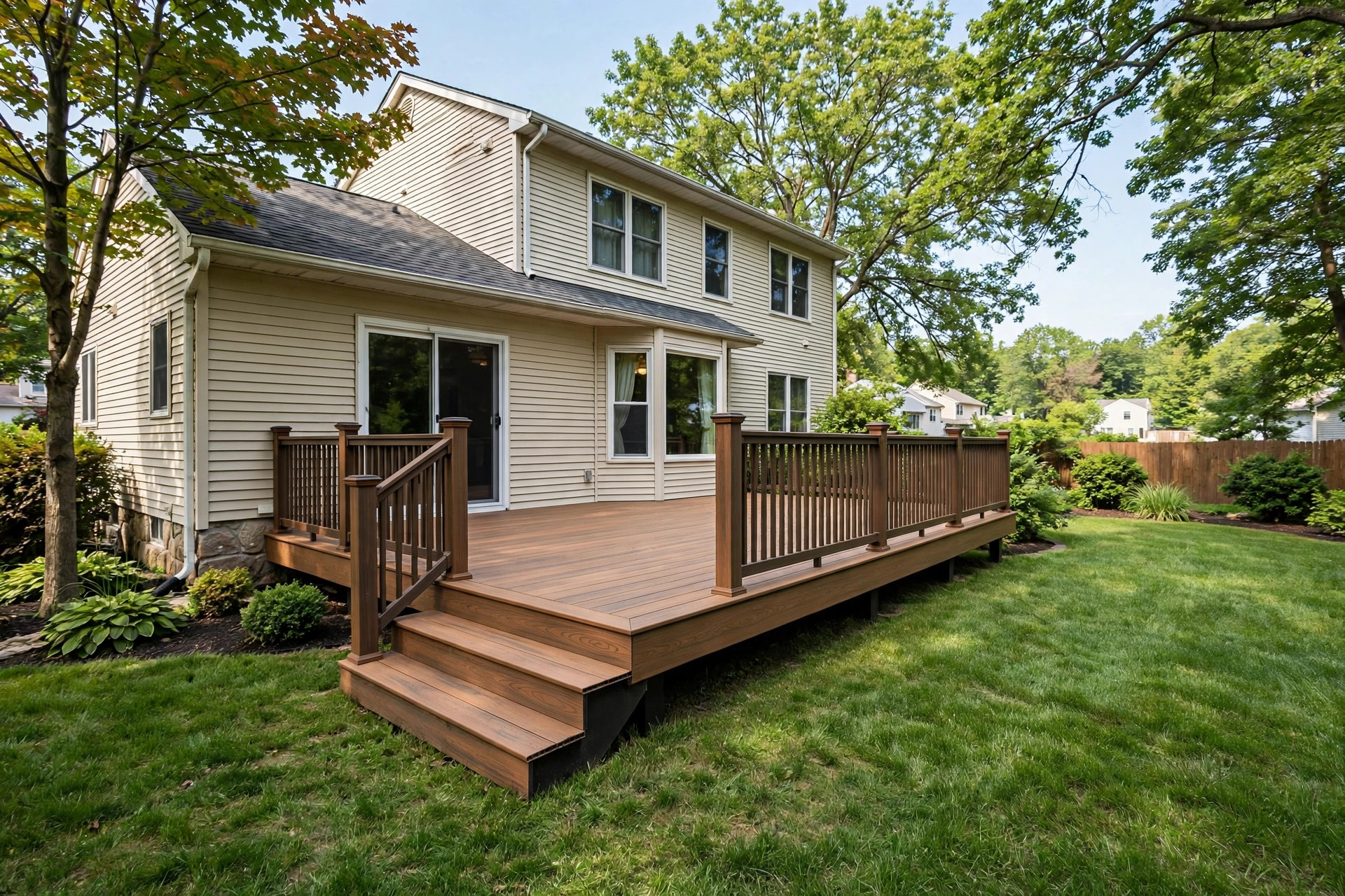 Weather resistant composite decking materials for sale on a finished backyard deck