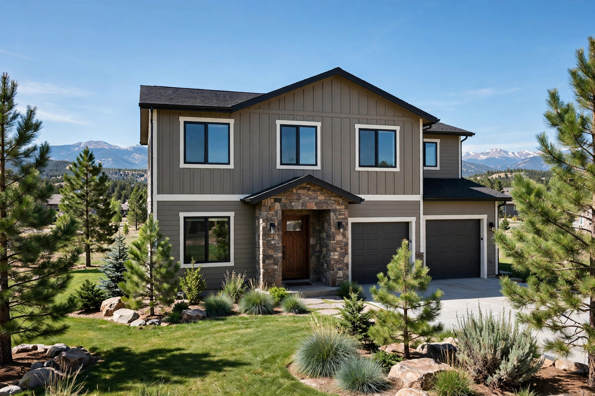 reliable home exterior design services in colorado: A Colorado home exterior with stone siding and mountain views
