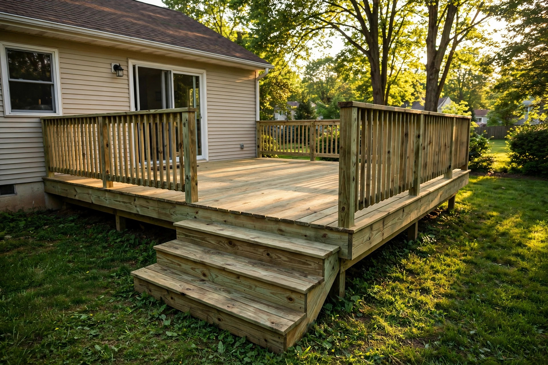 Wooden backyard deck built from budget friendly pressure treated lumber decking for sale