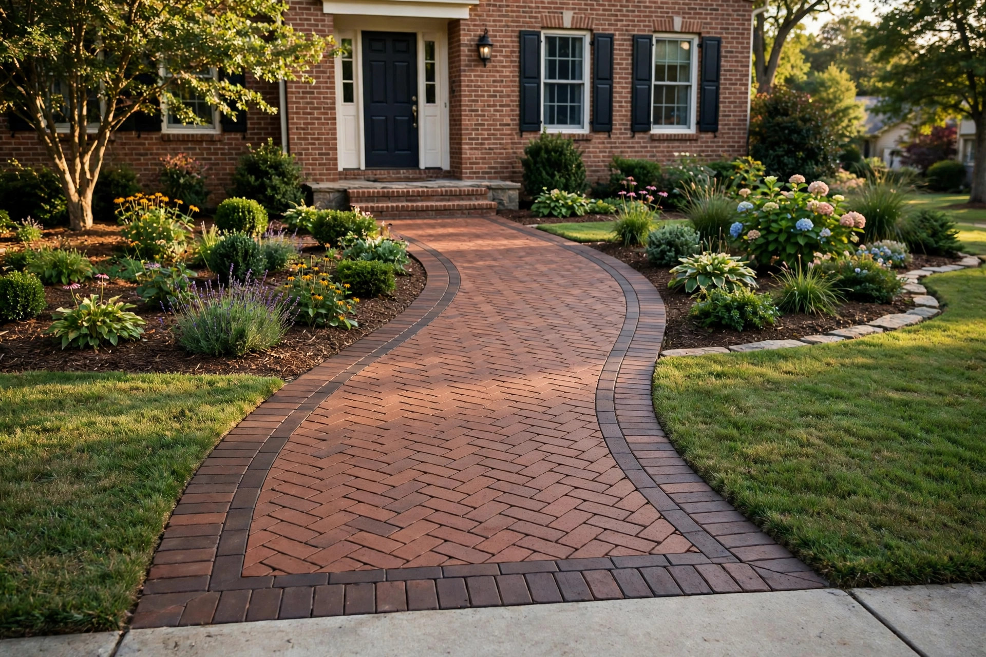 Premium paver walkway installation near me in a brick pattern through a landscaped yard
